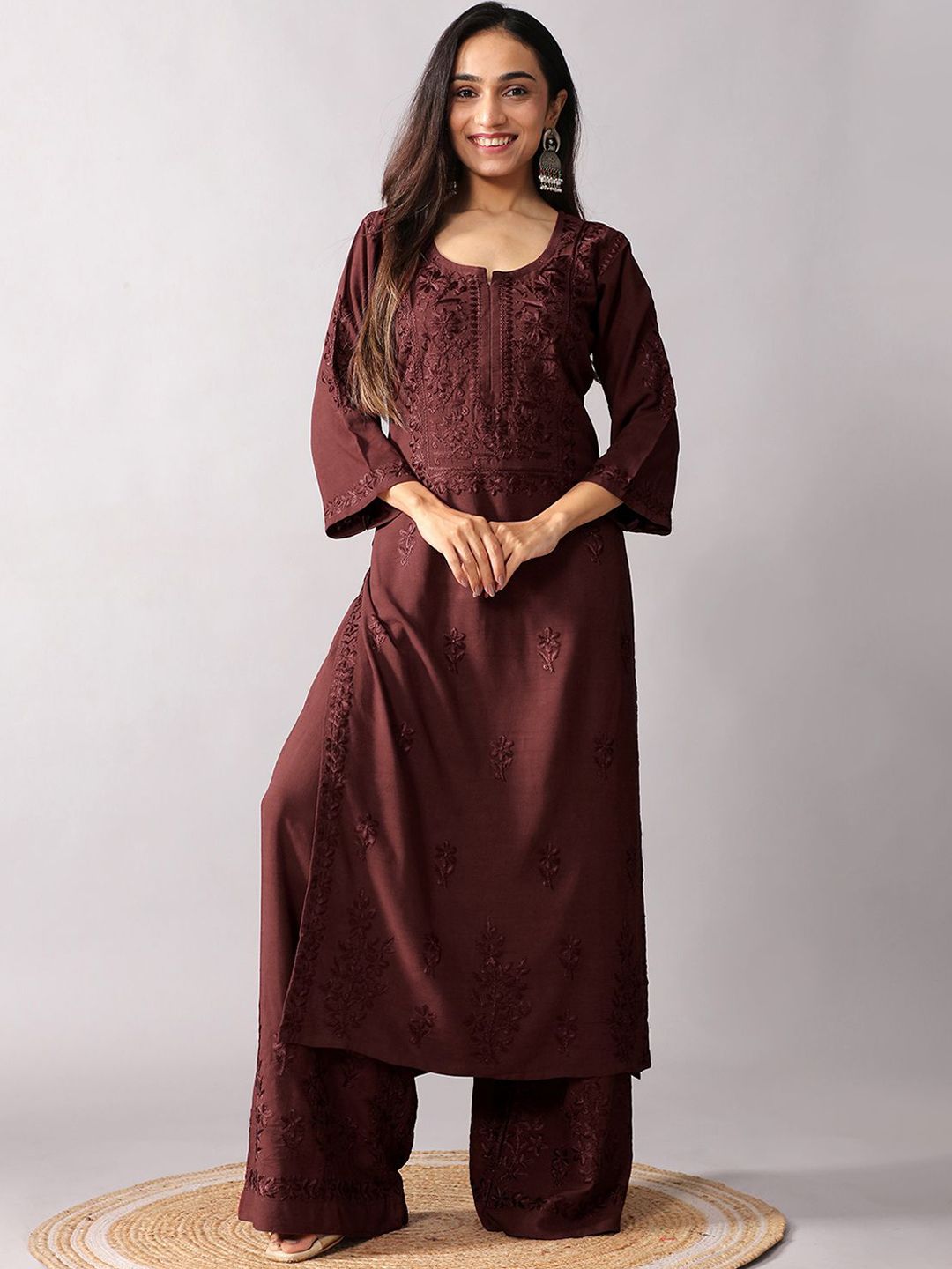 colorkosh Floral Embroidered Notch Neck Thread Work Straight Kurta With Palazzos-picture-35
