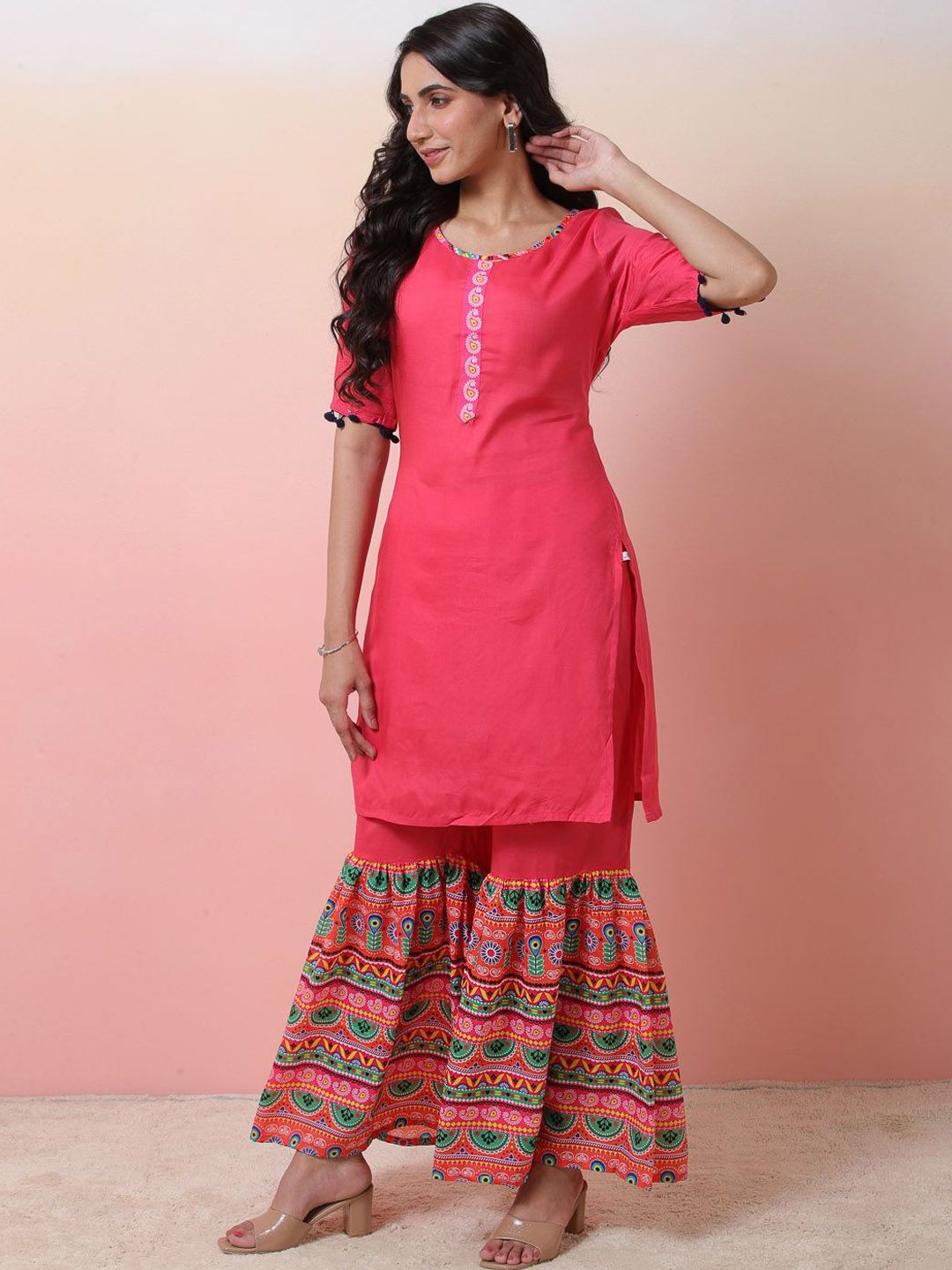 SZN Women Ethnic Motifs Yoke Design Regular Pure Cotton Kurta with Sharara