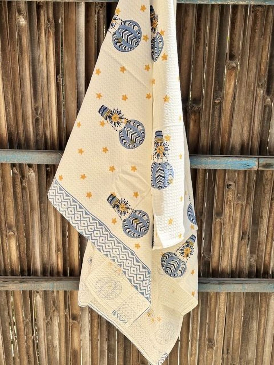 Hawamahal Off White & Yellow Printed Cotton 300 GSM Bath Towel-picture-31