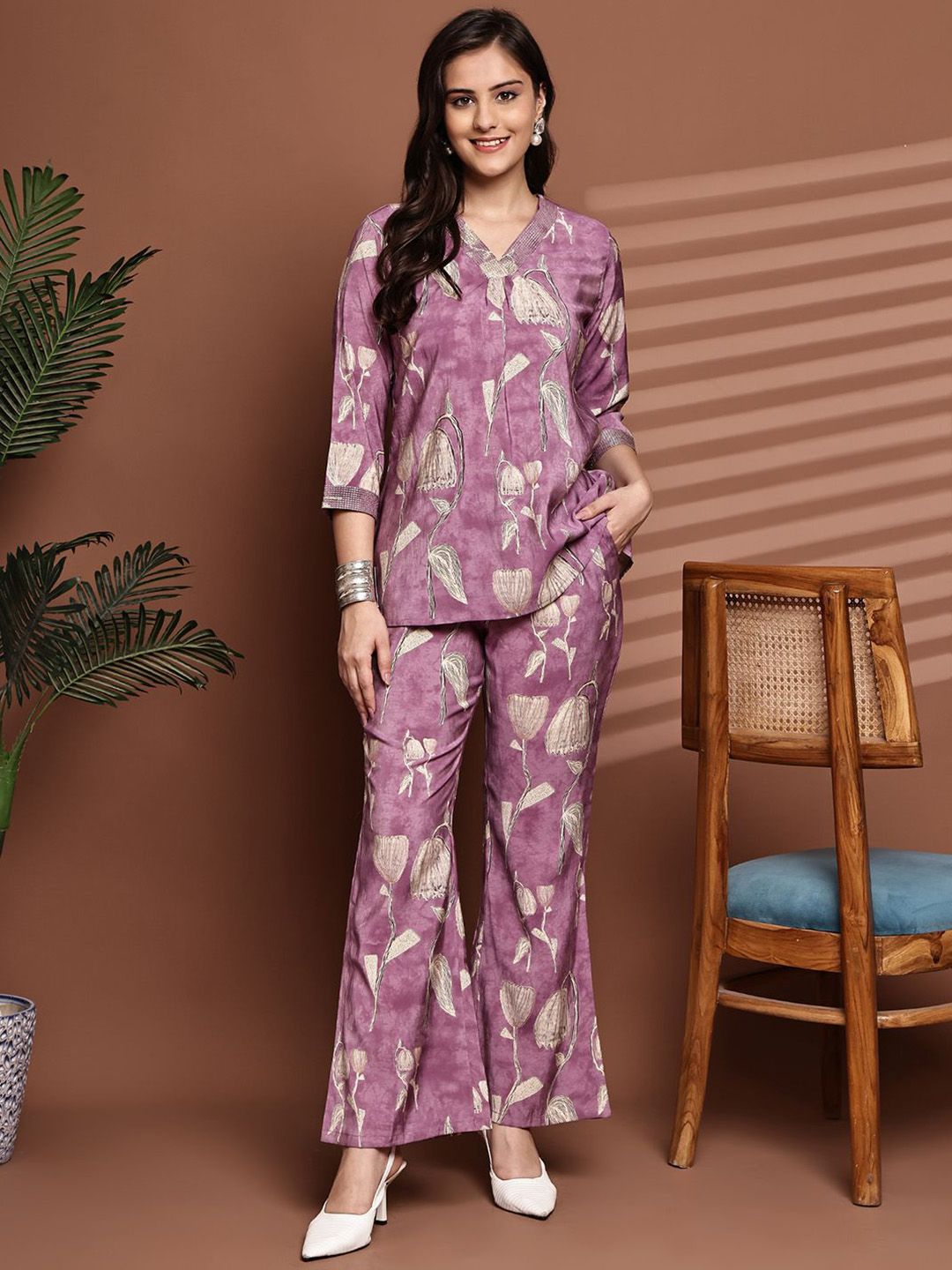 Claura Printed V-Neck Chanderi Silk Tunic With Trousers-picture-24