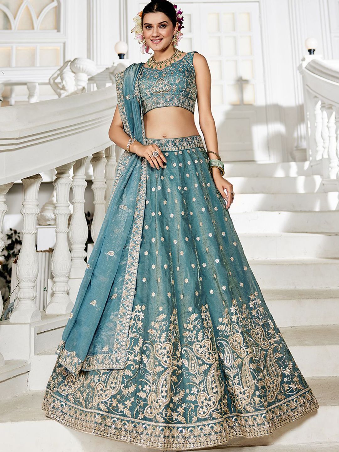 panchhi Embroidered Sequinned Semi-Stitched Lehenga & Unstitched Blouse With Dupatta-image-7