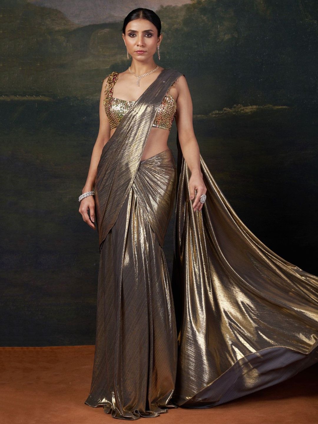 THETAA Metallic Pre-Draped Gold Saree-picture-37