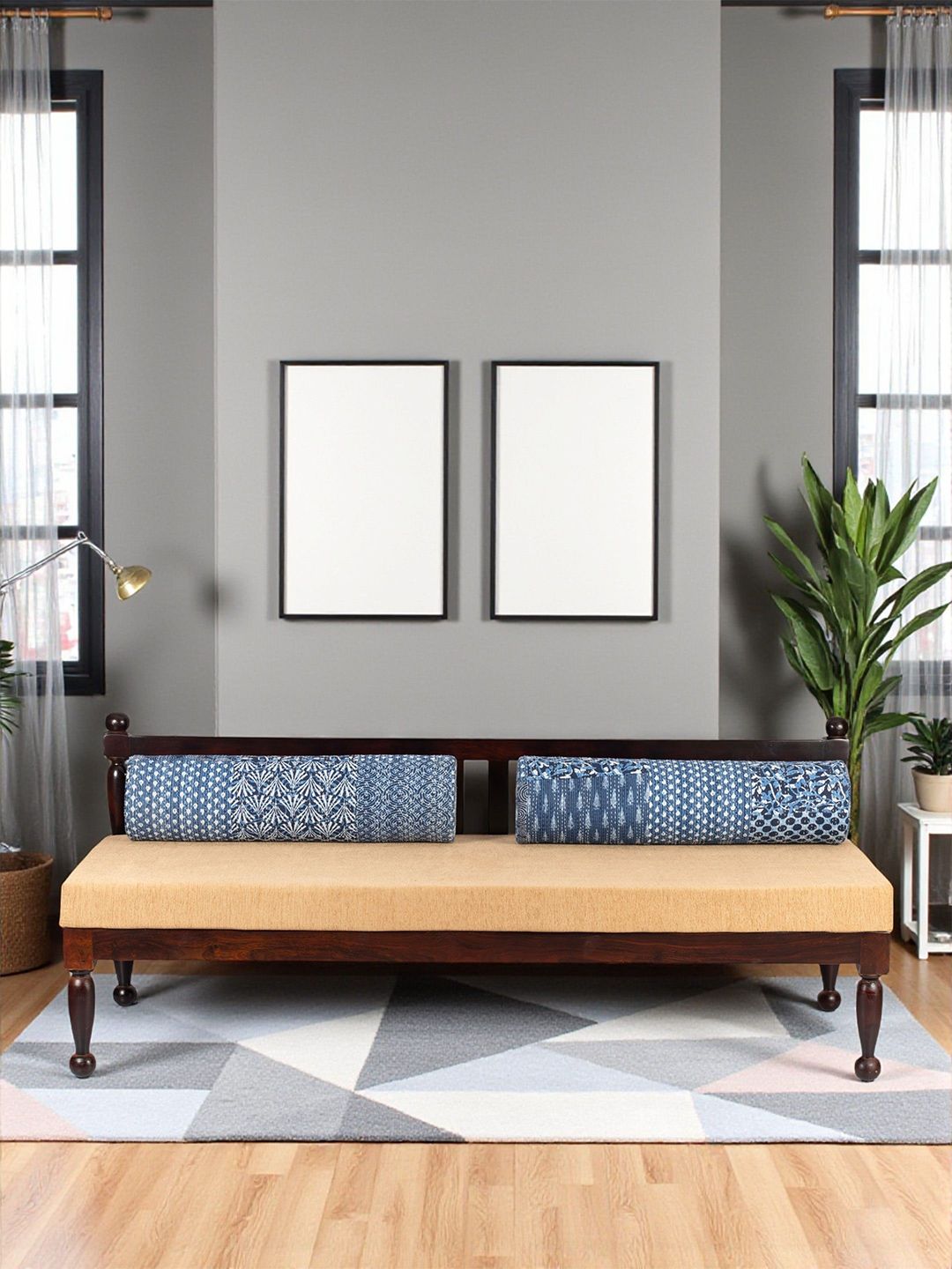 Ikiriya Beige & Blue 3 Pieces Sheesham Wood Bench With Printed Cushions