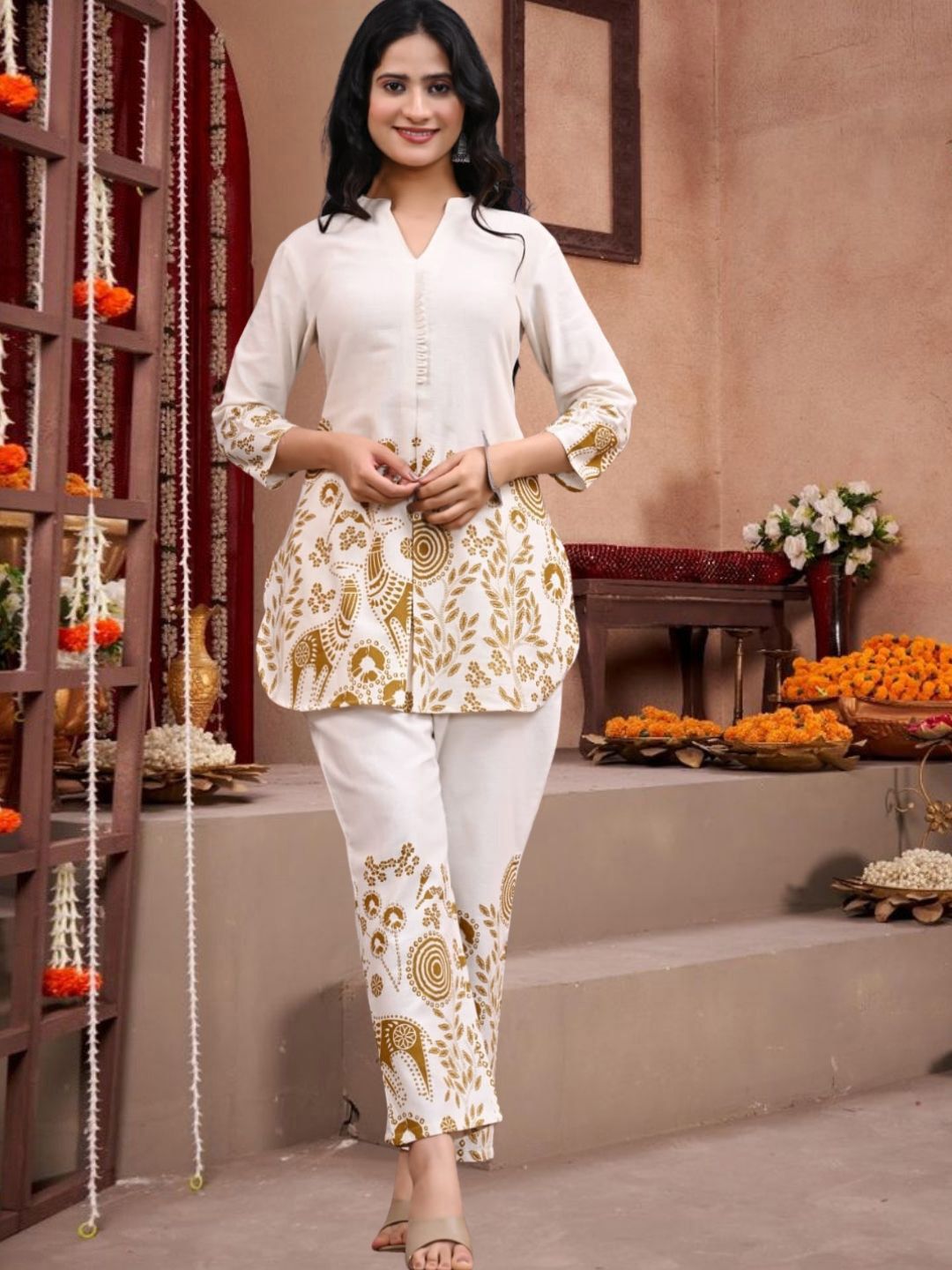 OZIA Floral Printed Mandarin Collar Pure Cotton Tunic With Trouser-picture-31