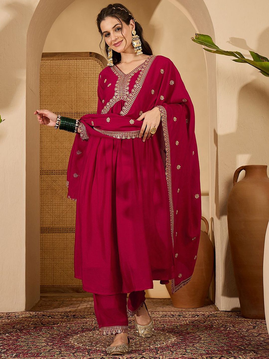 Sangria Embroidered V-Neck A-Line Kurta With Trouser & Dupatta