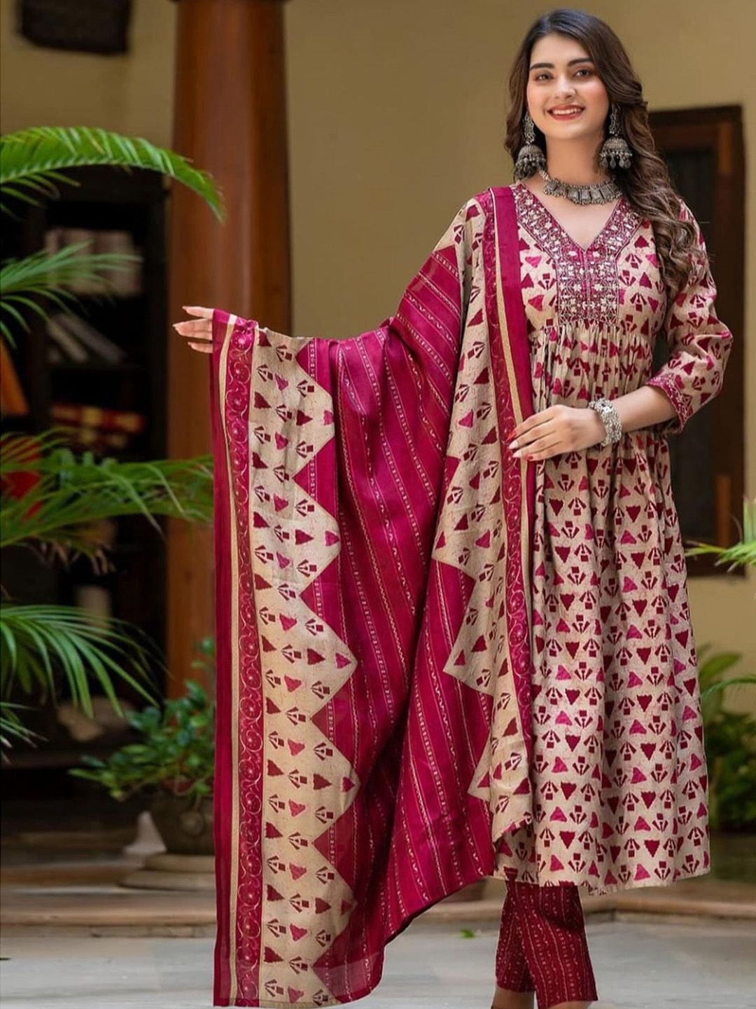 KALINI Women Geometric Printed Thread Work Pure Cotton Kurta with Trousers & Dupatta