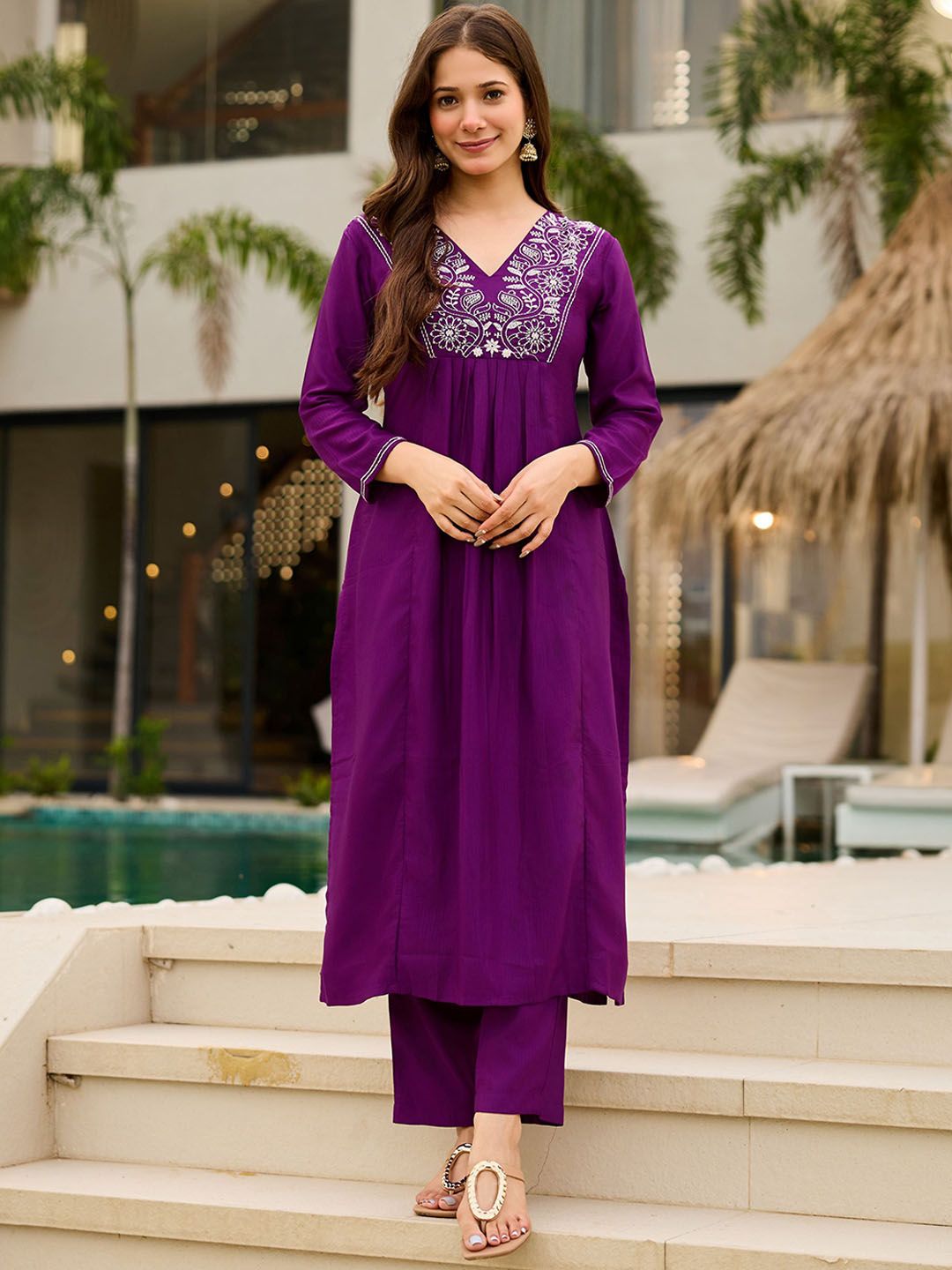 KALINI Floral Yoke Design V-Neck Thread Work A-Line Kurta With Trousers