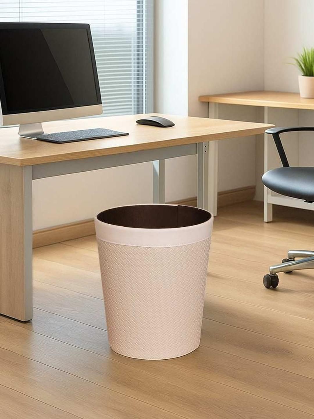 AARVI DECOR STUDIO Modern Stitched Design Faux Leather Cream Trash Bin