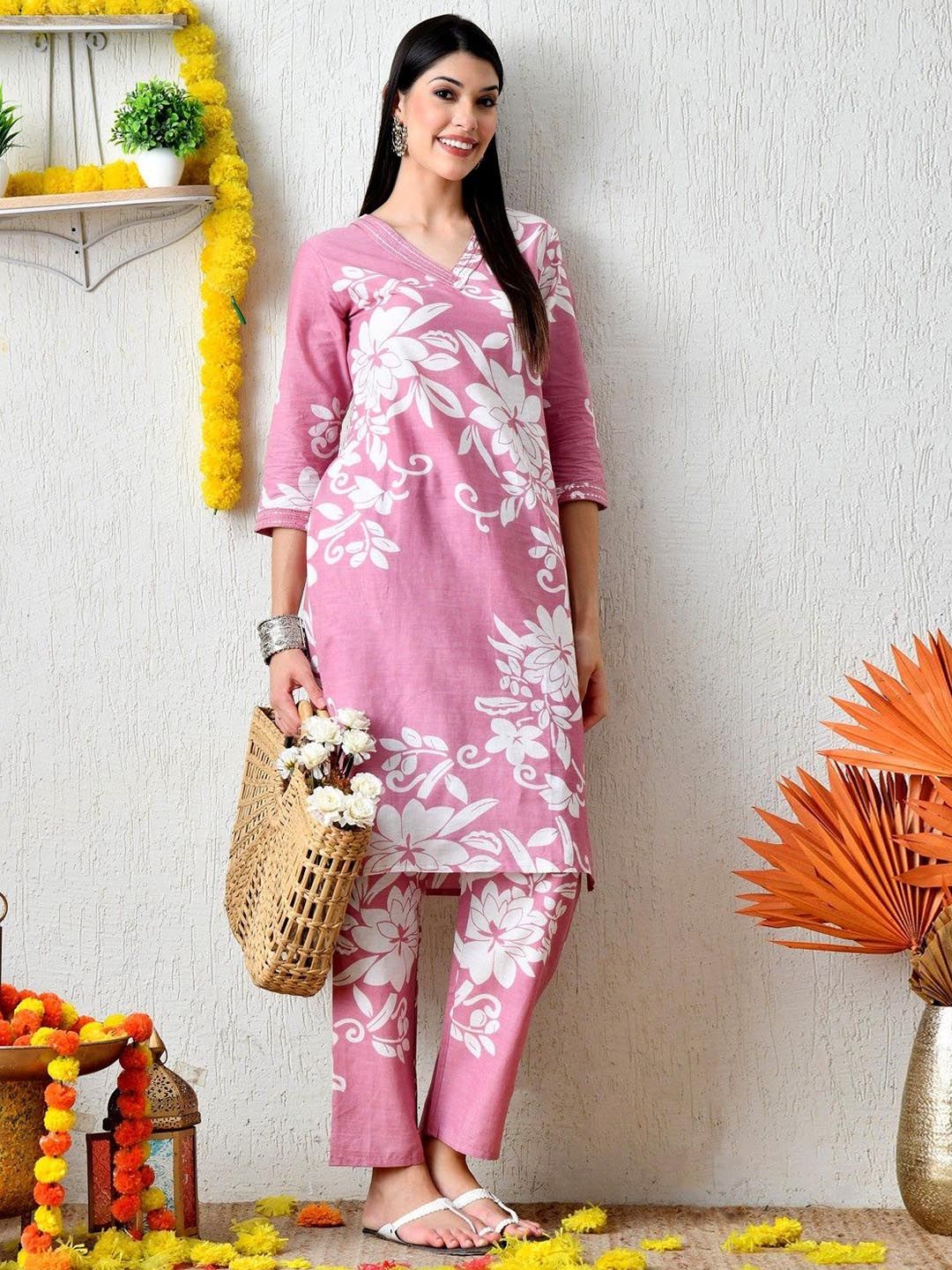 PRISCA Women Floral Printed Regular Pure Cotton Kurta with Trousers
