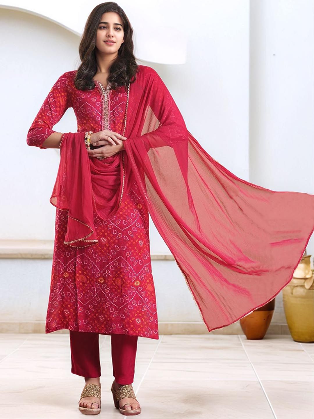 Moda Rapido Bandhani Printed Gotta Patti Kurta With Trousers & Dupatta