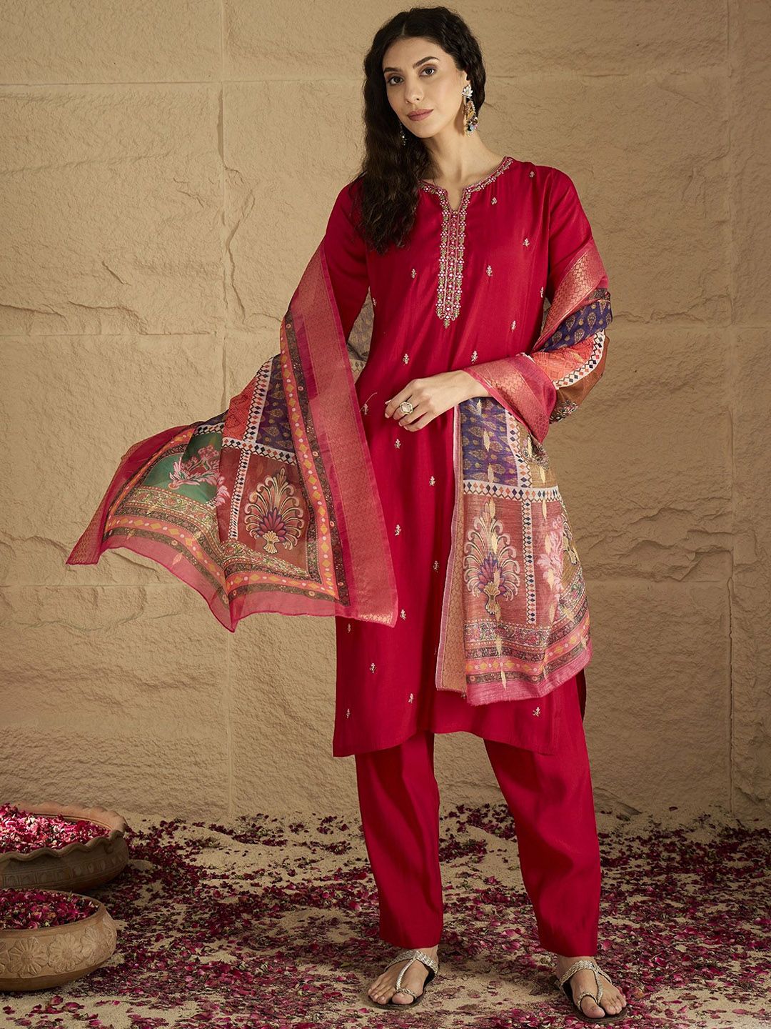 Varanga Floral Embroidered Mirror Work Kurta With Trousers & Dupatta
