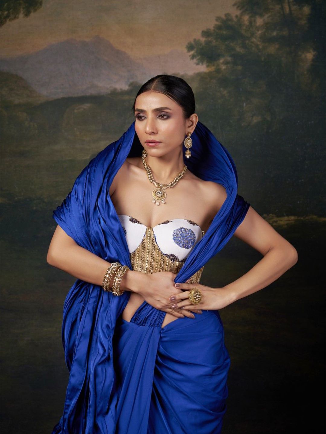THETAA Pre Draped Saree With Embroidered Blouse-image-24
