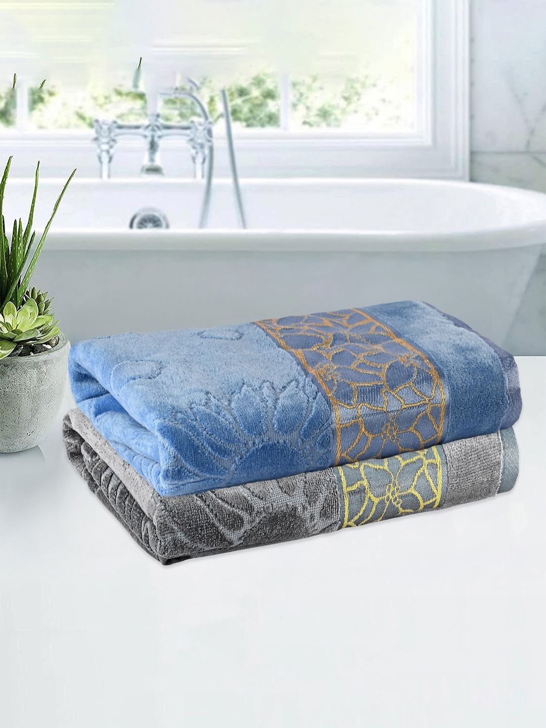 Aura Grey & Blue 2 Pieces Floral Printed Cotton 350 GSM Bath Towels-image-32
