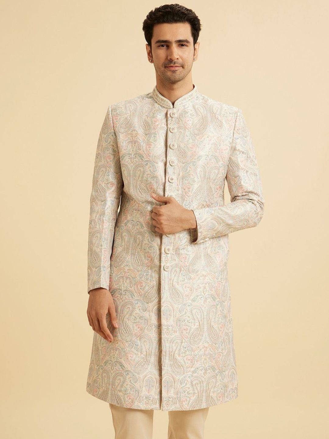 Manyavar Men Embroidered Band Collar Sherwani-image-26