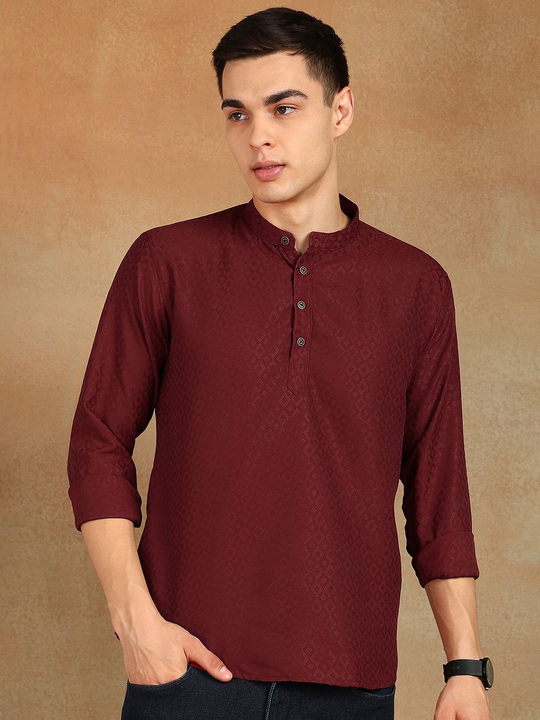 FUBAR Men Woven Design Band Collar Short Kurta-picture-29