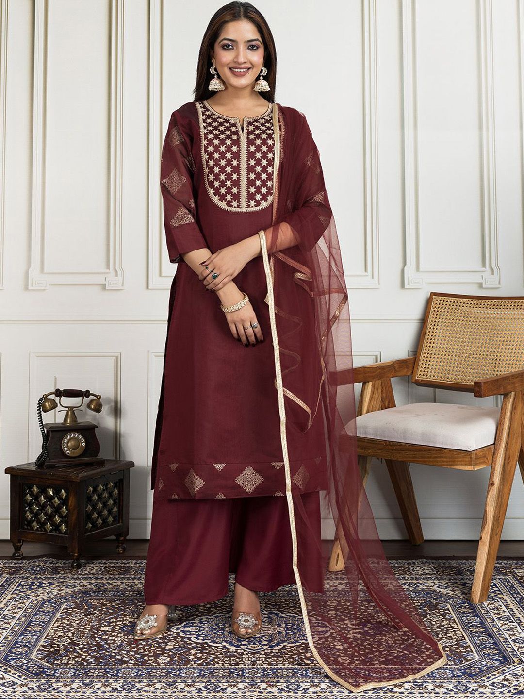 Inddus Women Ethnic Motifs Embroidered Kurta with Palazzo & Dupatta