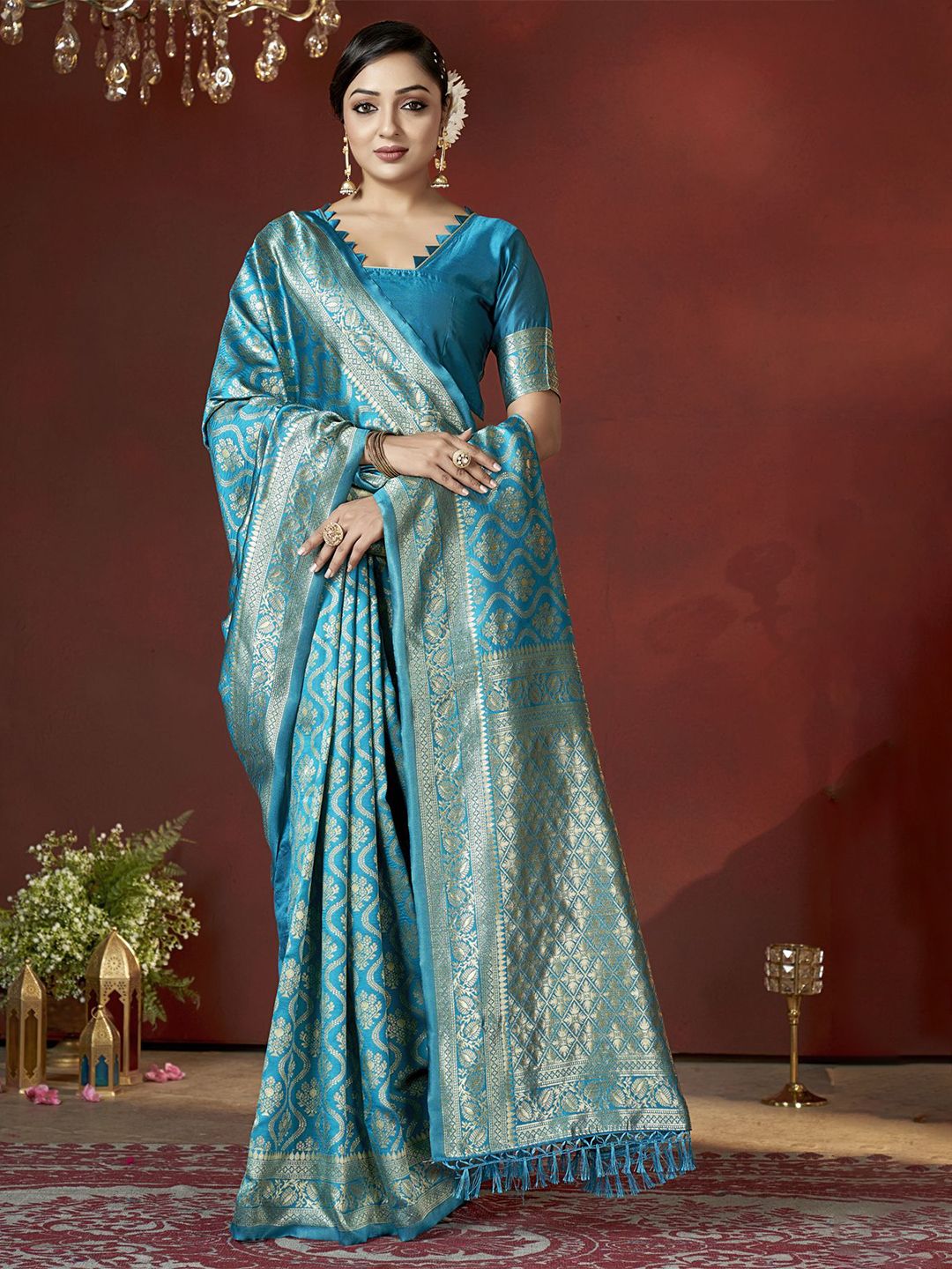 DIVASTRI Ethnic Motifs Woven Design Zari Pure Silk Banarasi Saree-picture-10
