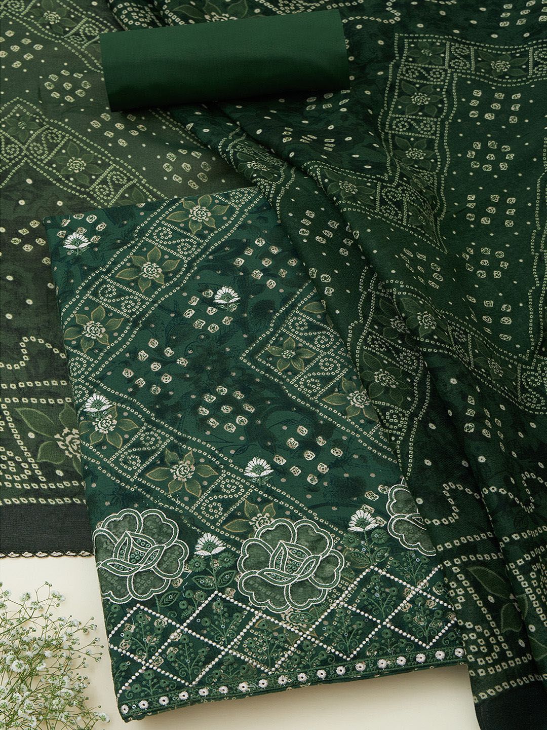 Soch Bandhani Printed Sequinned Unstitched Dress Material-image-49