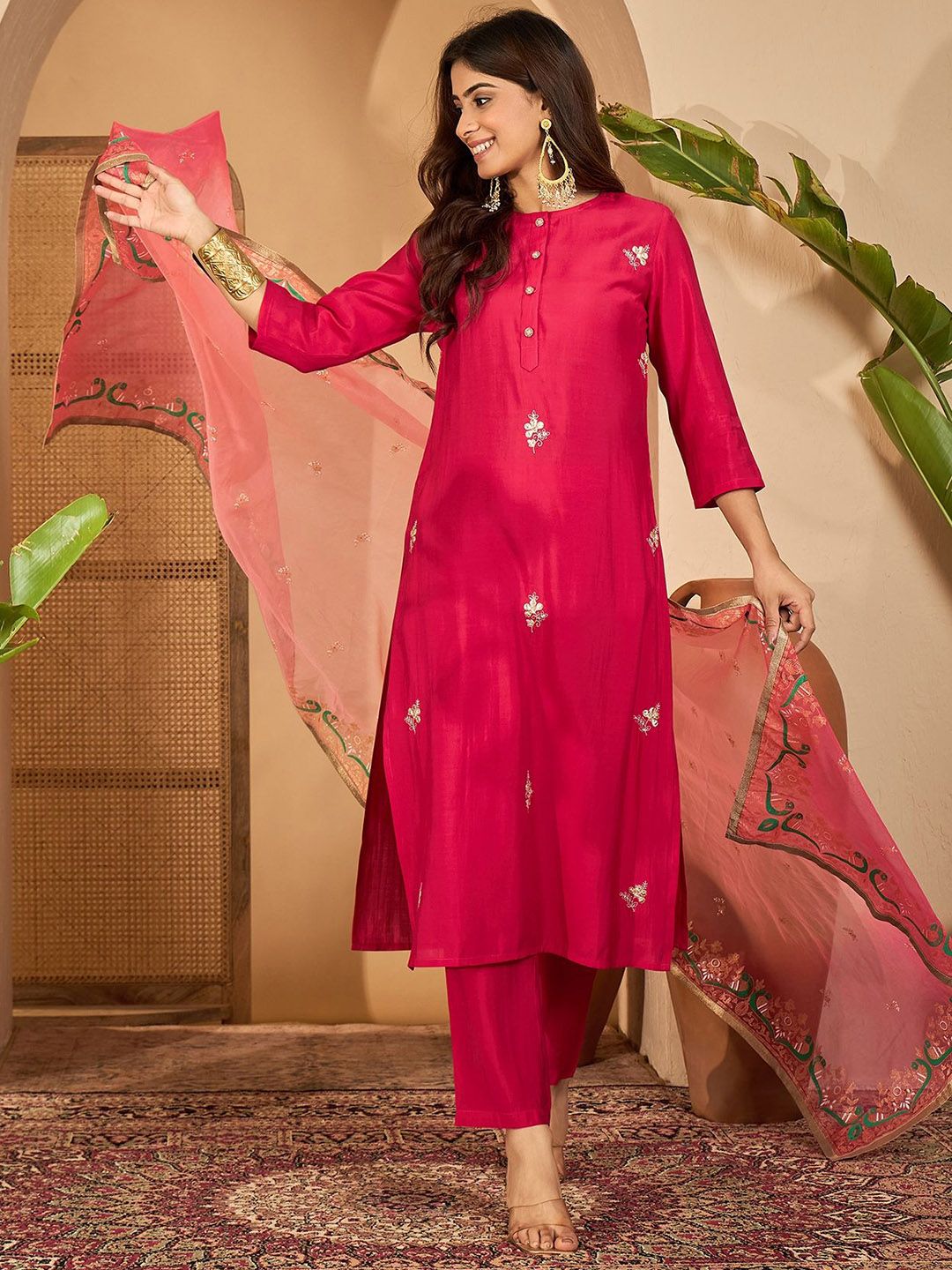 Sangria Women Embroidered Gota Work Straight Kurta & Trousers With Dupatta