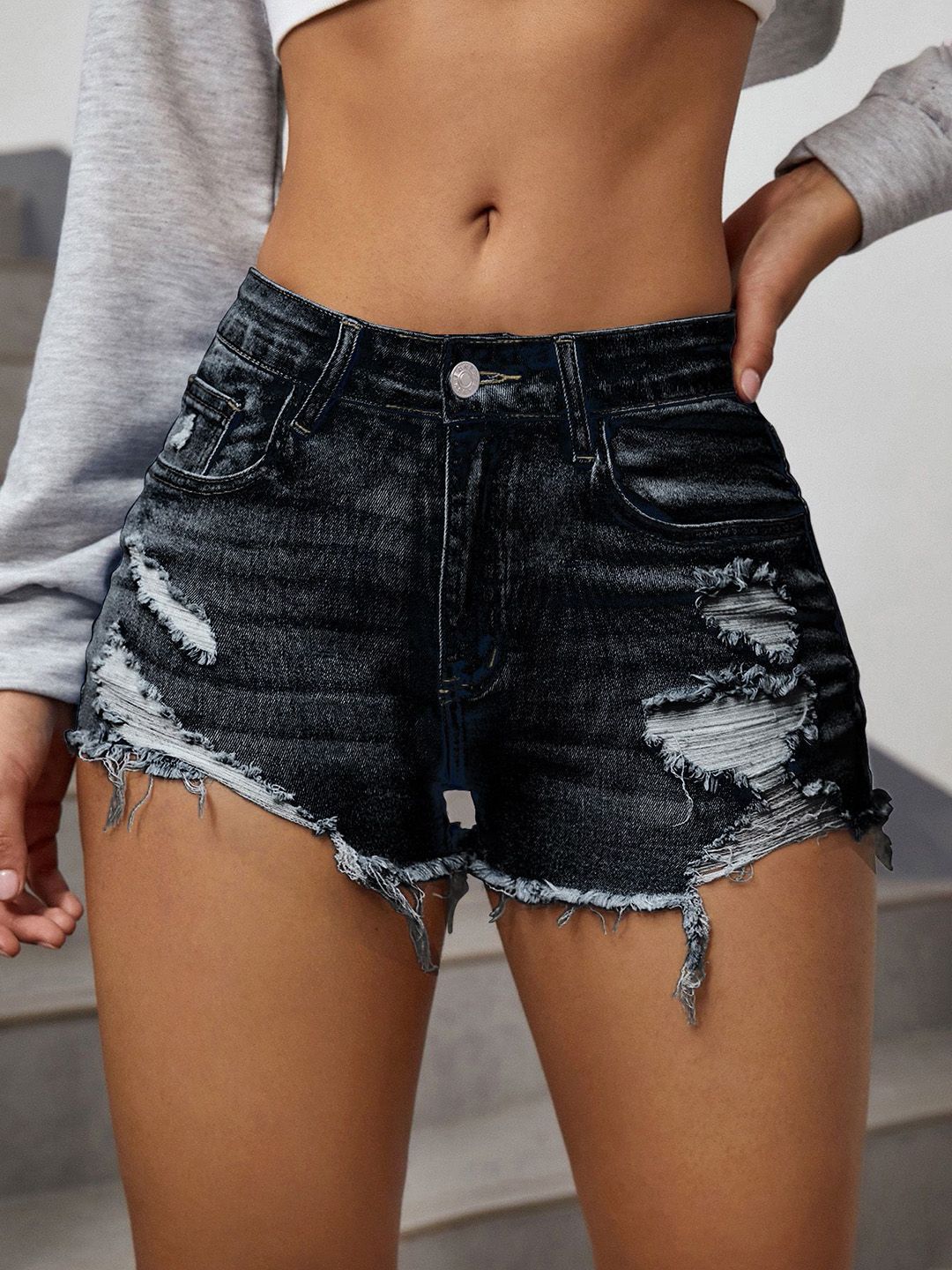 AVANOVA Women Washed Mid-Rise Frayed Edges Ripped Raw Hem Denim Shorts-image-1
