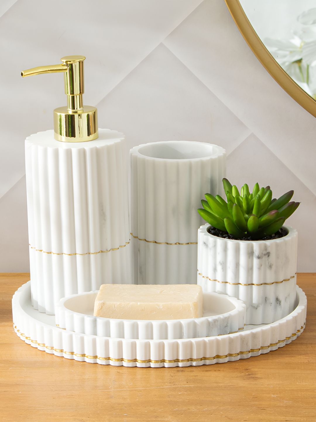Home Centre Monique Marco White & Gold Toned 5 Pieces Textured Bath Accessories Set-picture-22