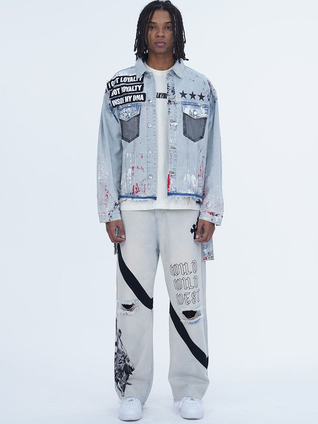 VALKYRE Unisex Typography Printed Spread Collar Cotton Denim Jacket-picture-26