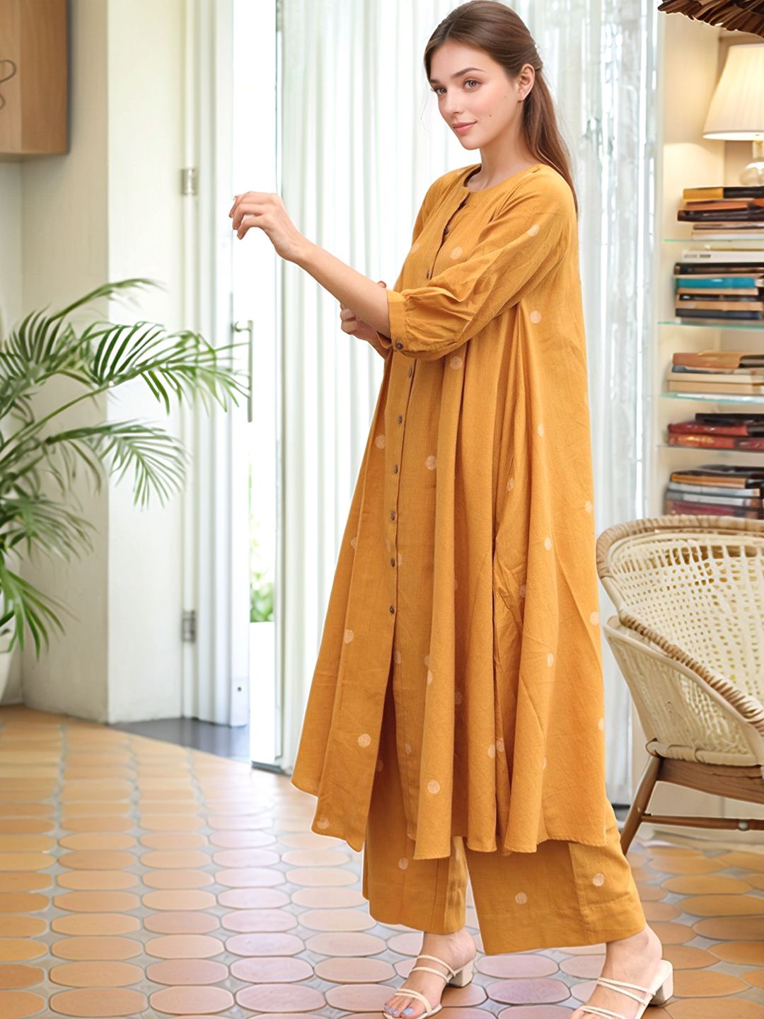 Aaghnya Geometric Printed Round Neck A-Line Kurta with Palazzo