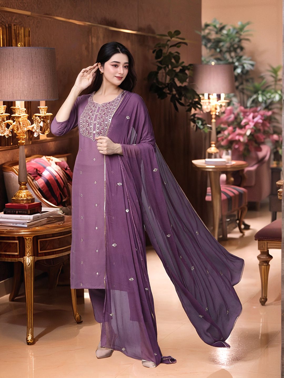 Aaghnya Floral Embroidered Notch Neck Kurta with Trousers & Dupatta