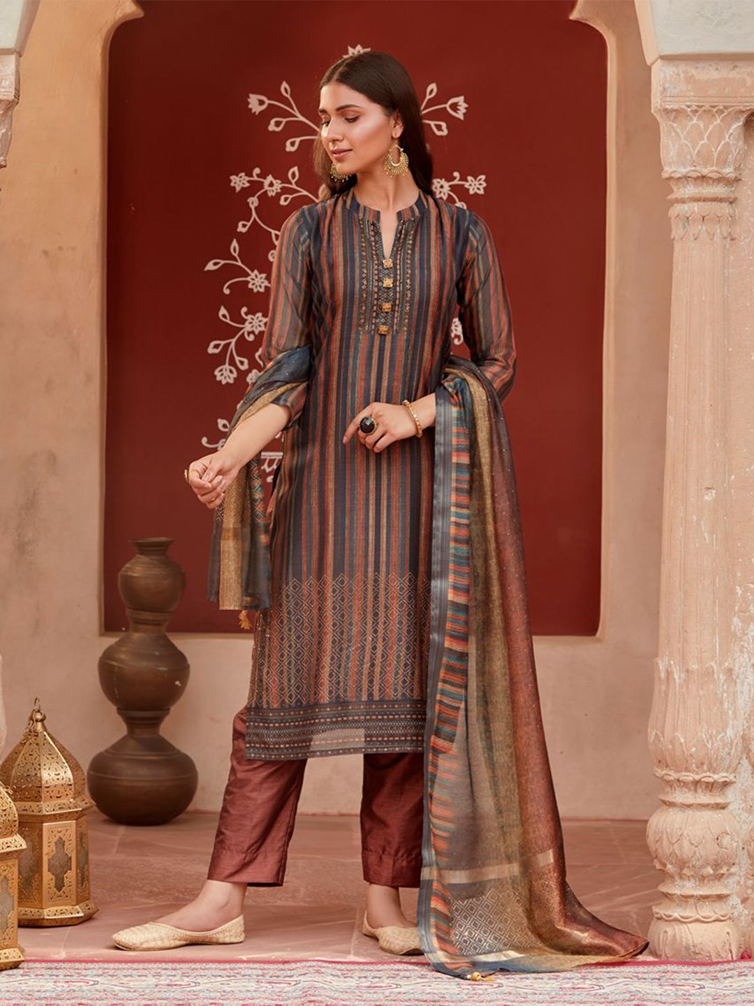 WOMEN PLUS Striped Mandarin Collar Beads and Stones Kurta With Trousers & Dupatta