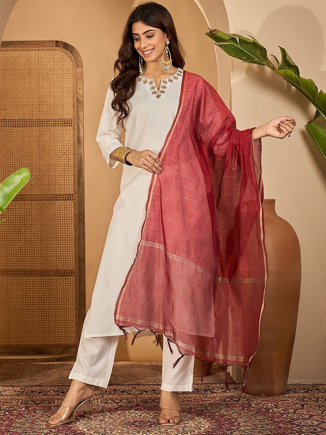 Sangria Thread Work Notch Neck Kurta With Trousers Dupatta