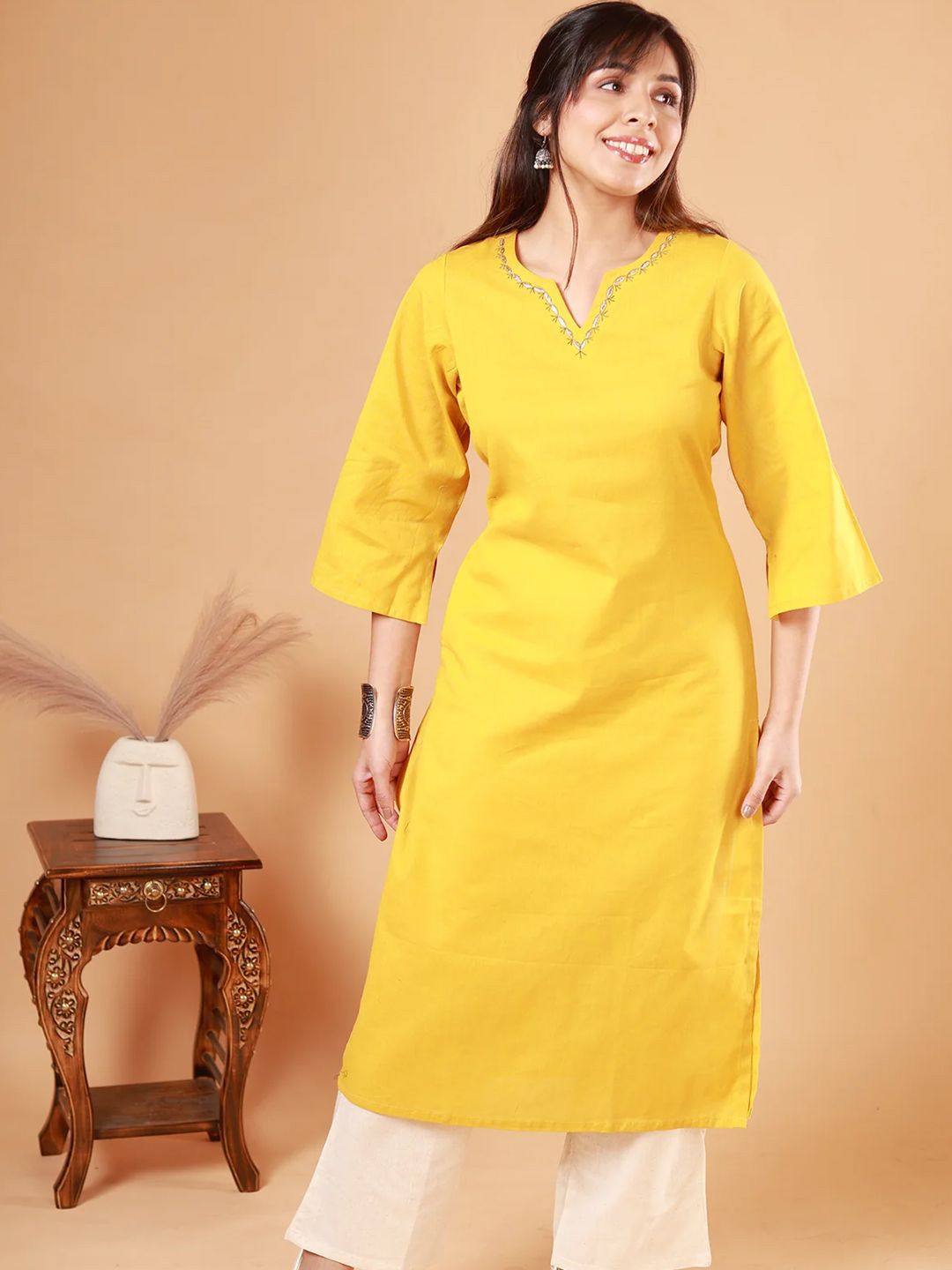 NEED APPARELS Round Neck Straight Pure Cotton Kurta with Palazzos