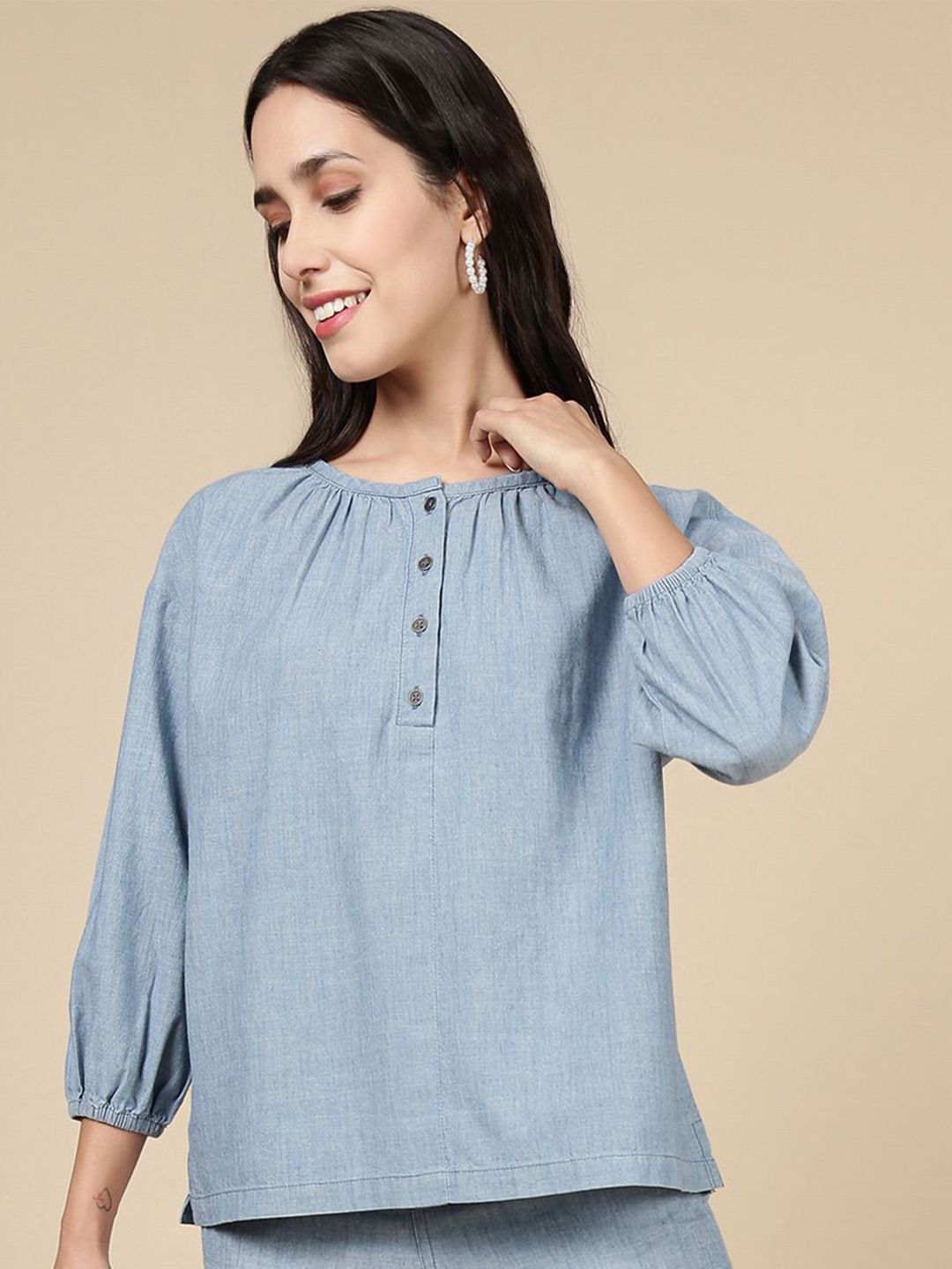 De Moza Women Solid Puff Sleeve Cotton Denim Top-picture-10