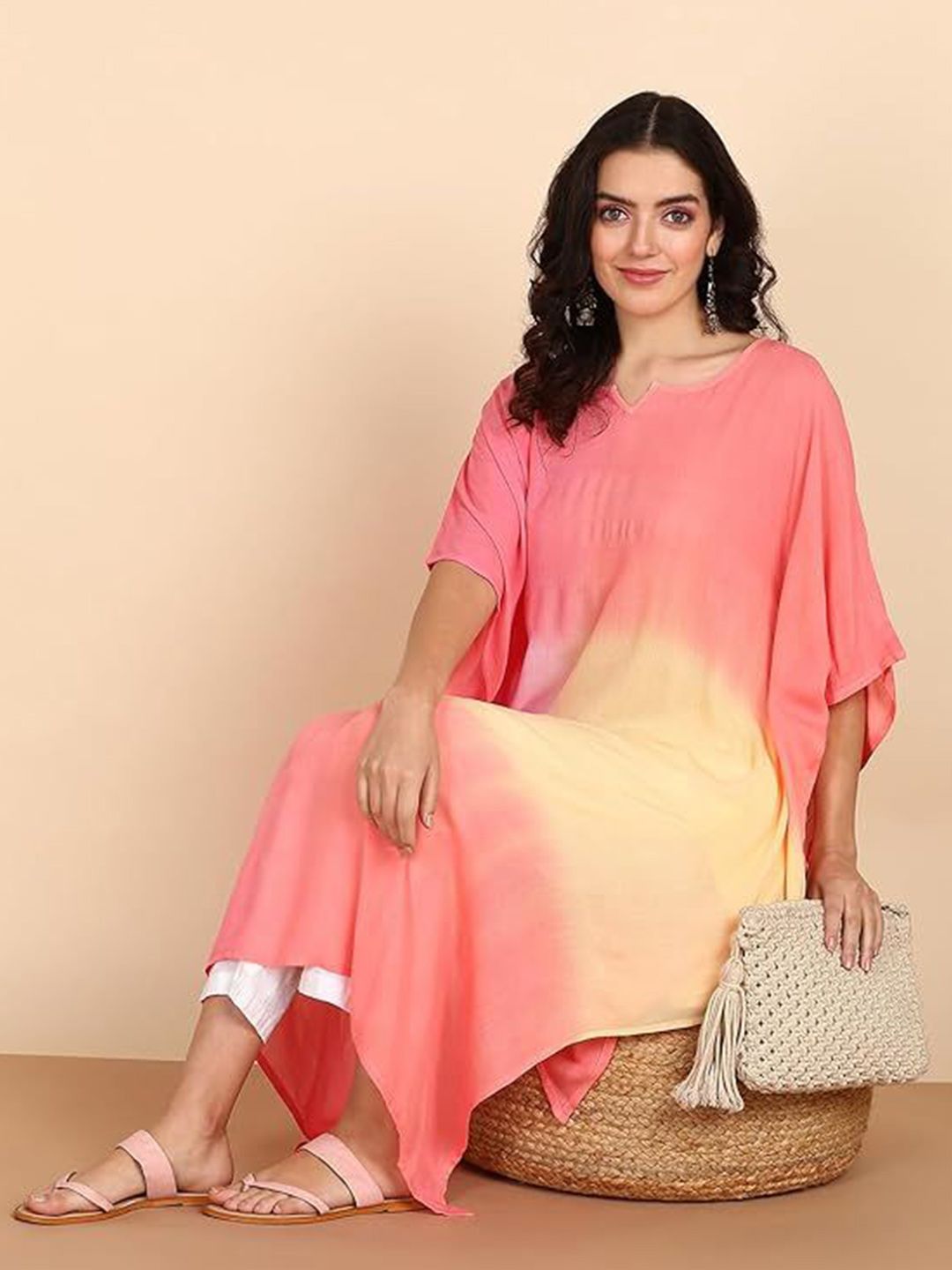 PinkTribe Tie & Dye Notch Neck Kaftan Kurta-image-45