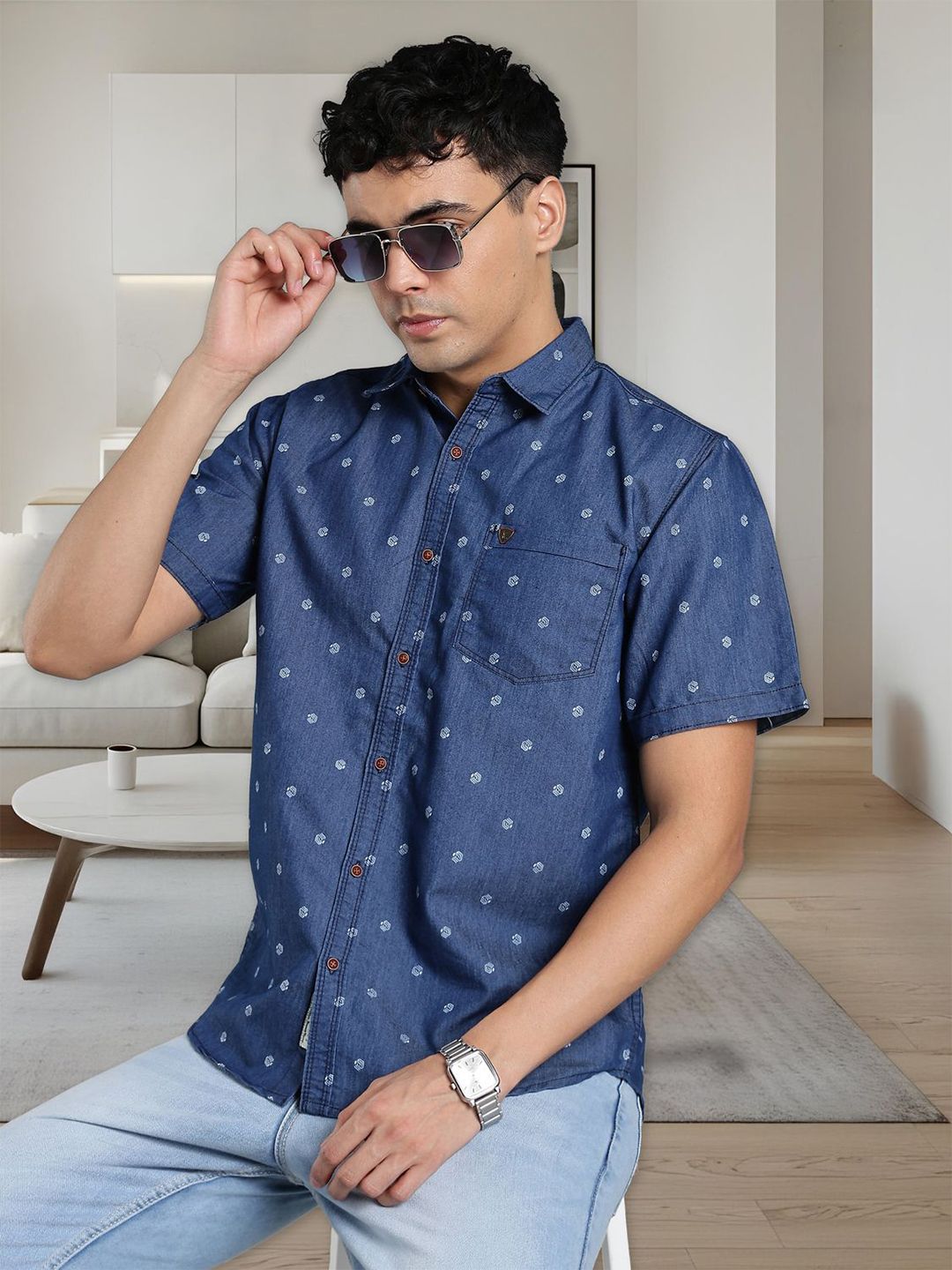 Kuons Avenue Smart Abstract Printed Spread Collar Denim Opaque Shirt-picture-12