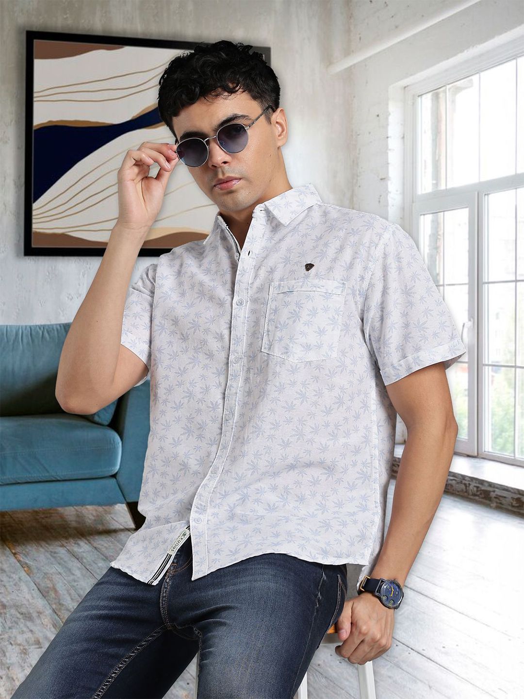 Kuons Avenue Smart Floral Printed Spread Collar Linen Cotton Opaque Shirt-picture-37