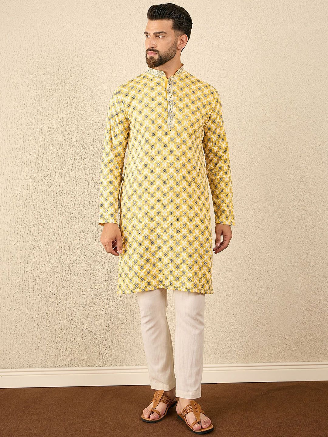 House of Pataudi Men Geometric Printed Mandarine Collar Straight Kurta-picture-30