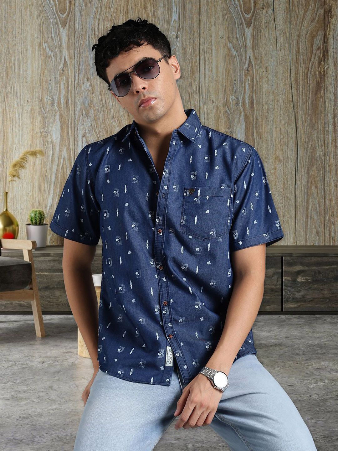 Kuons Avenue Smart Spread Collar Abstract Printed Denim Opaque Shirt-picture-22