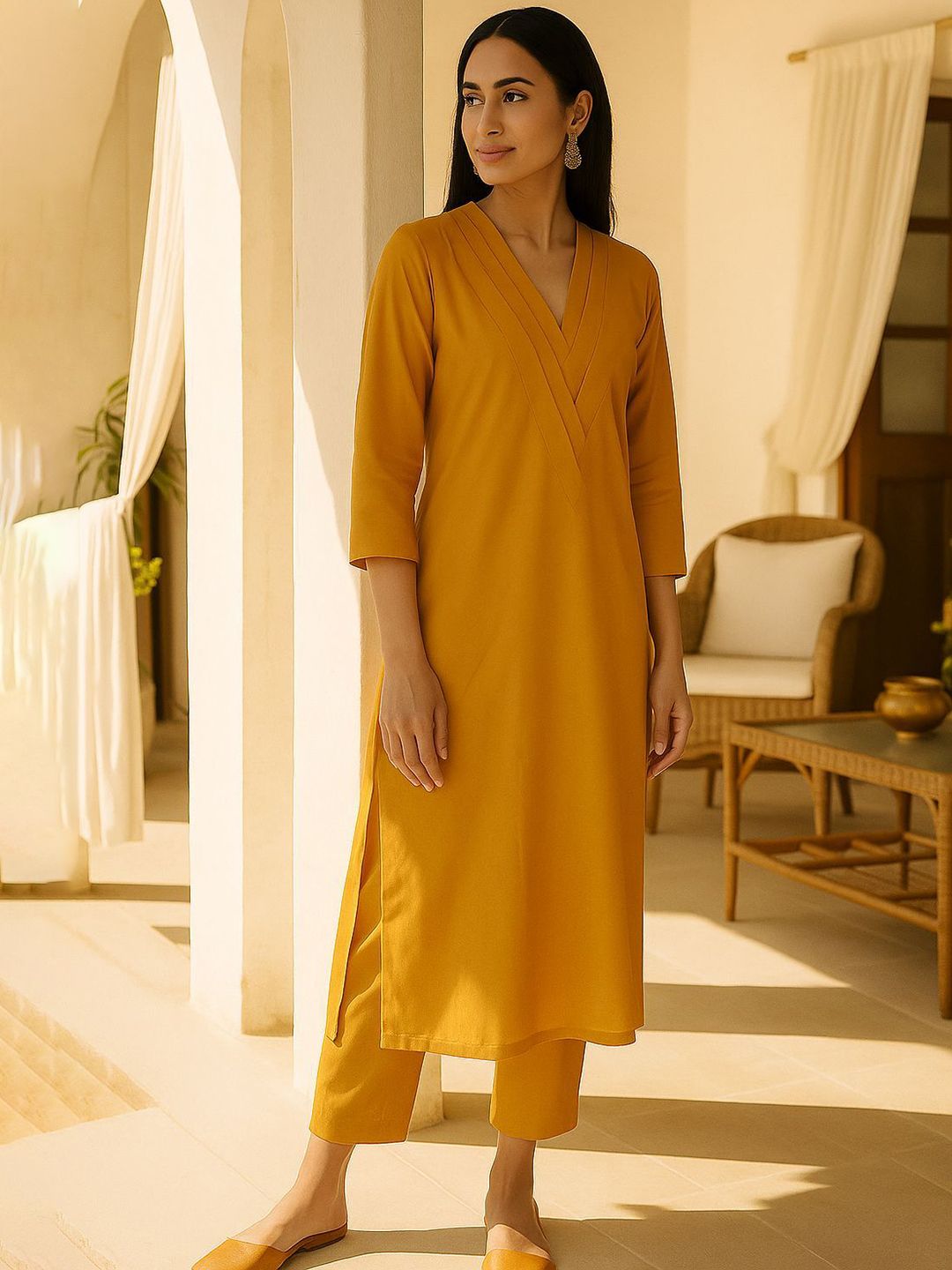Bitterlime V-Neck Pure Cotton Straight Kurta with Trousers