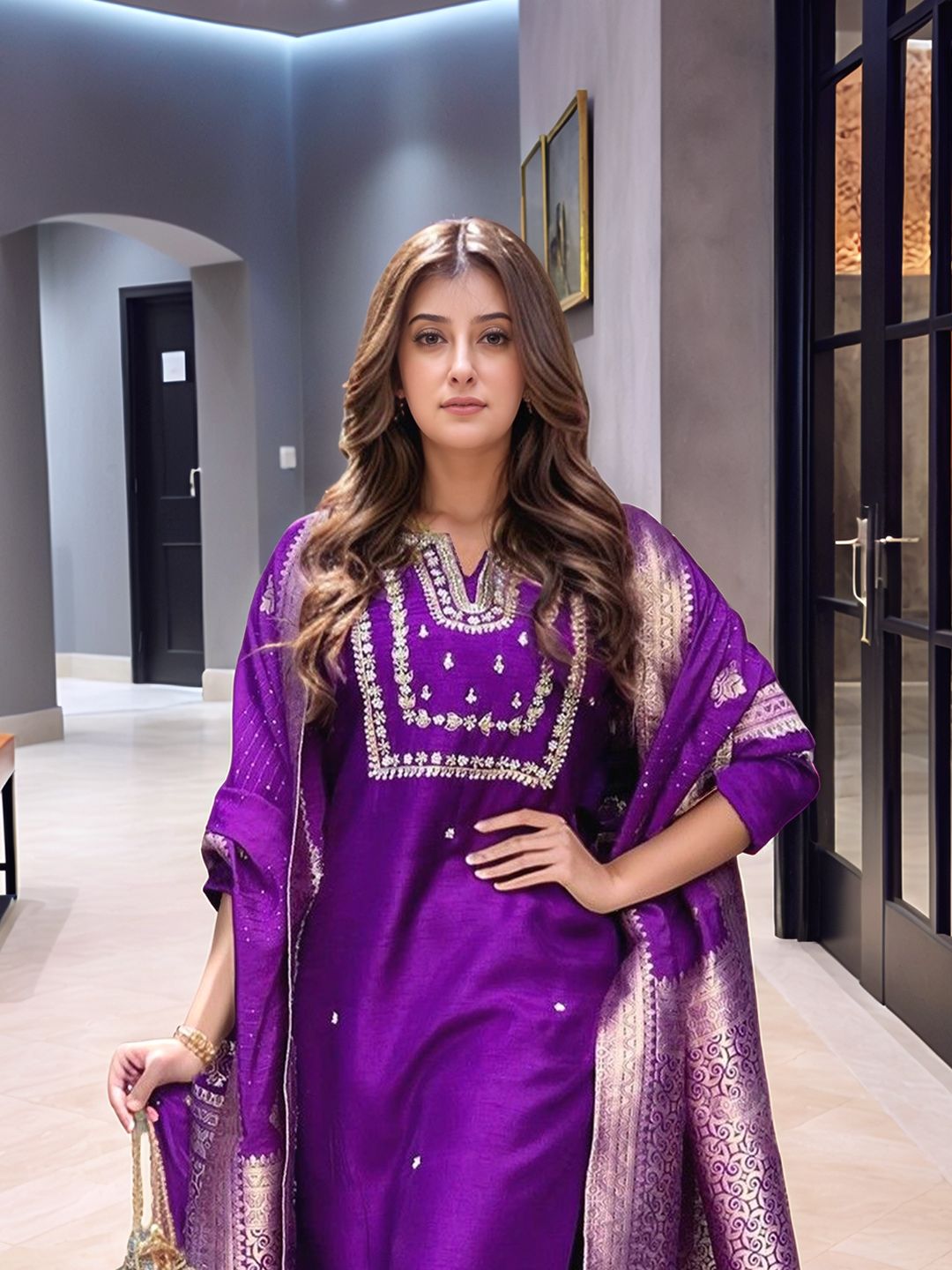 Aaghnya Floral Embroidered Notch Neck Beads And Stones Kurta with Trousers & Dupatta