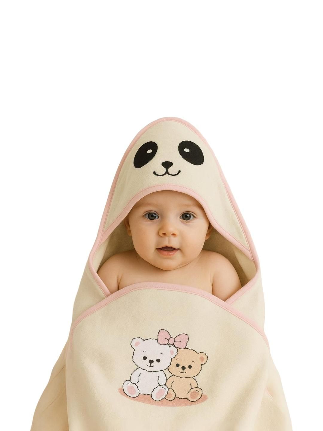 Adhigams Kids Off White & Pink Printed Pure Cotton Hooded Blanket-picture-17