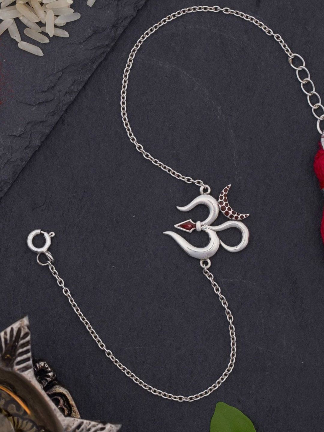 Meenakari Heritage Jewellery Unisex 925 Sterling Silver Om Trishul Chain Bracelet Rakhi-image-5