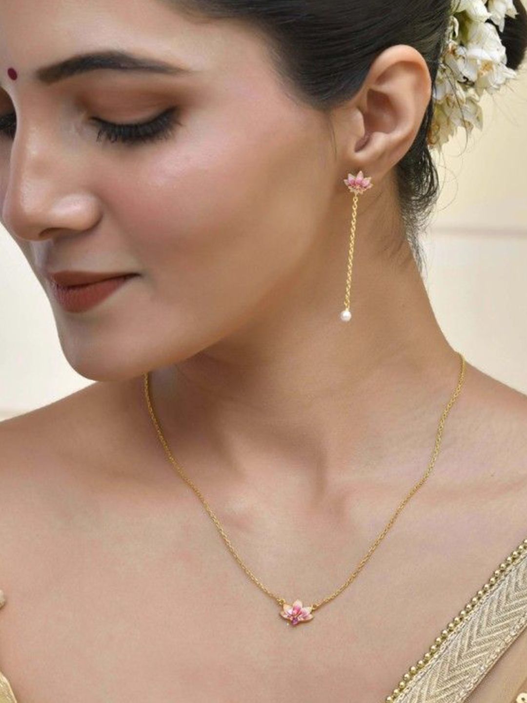 ROOVI Women Floral 925 Silver Gold-Plated Lotus Long Drop Earrings with Pearl-image-22