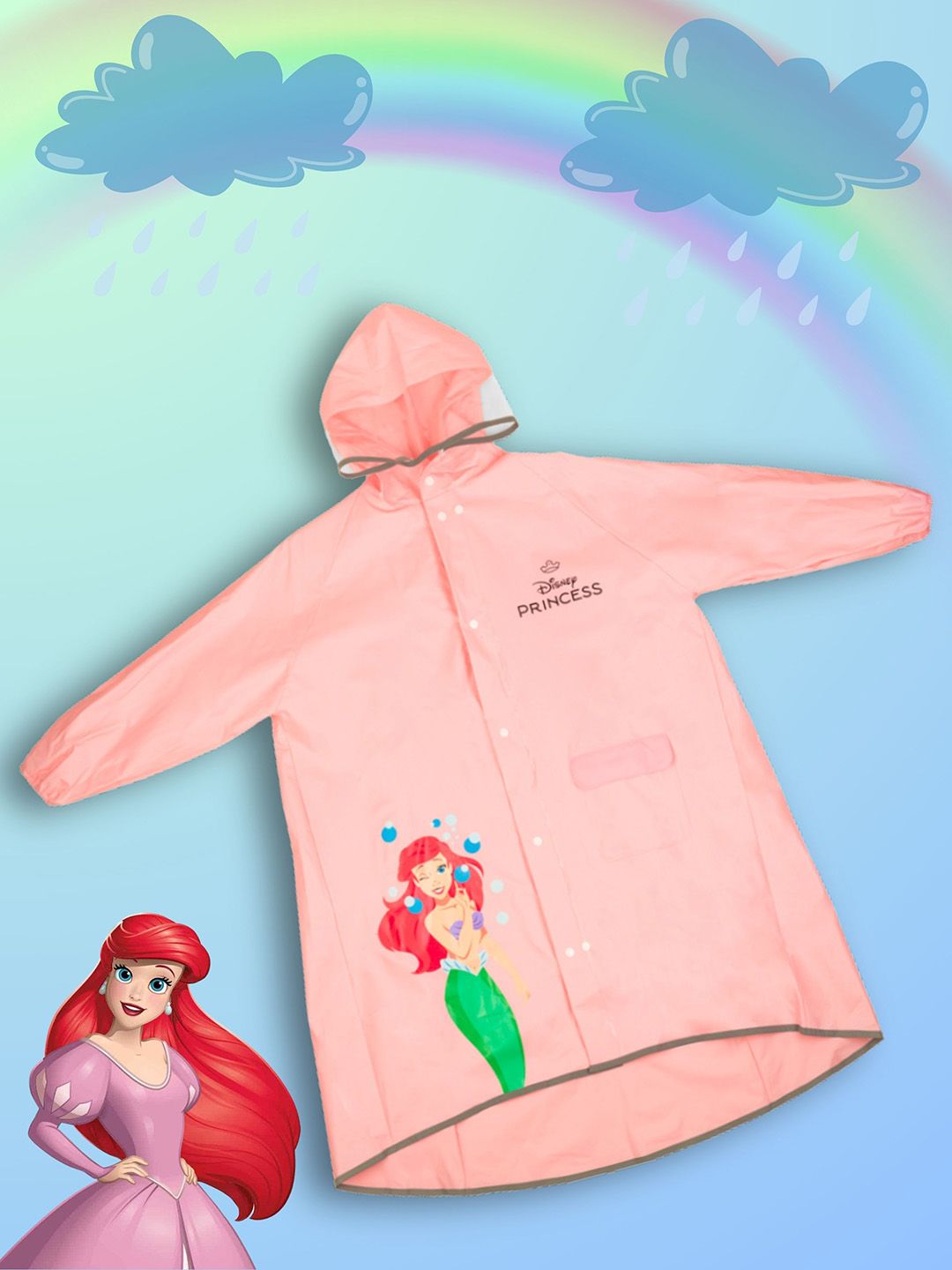 Yellow Bee Girls Disney Princess Printed Hooded Rain Jacket-picture-18