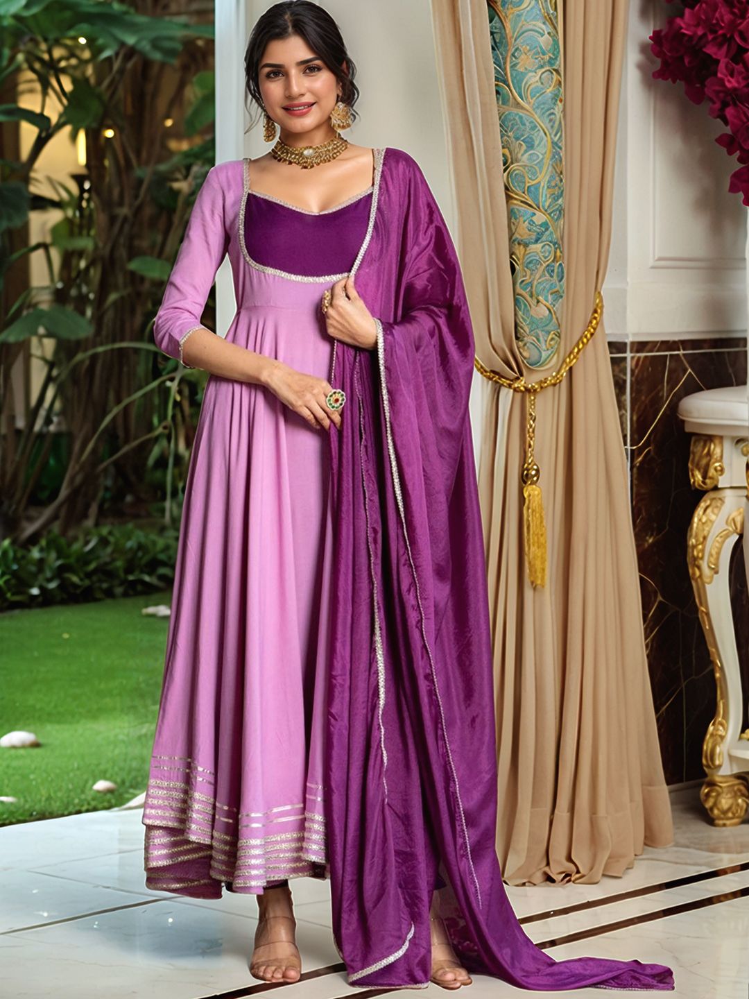Aaghnya Sweetheart Neck Anarkali Kurta with Trousers & With Dupatta