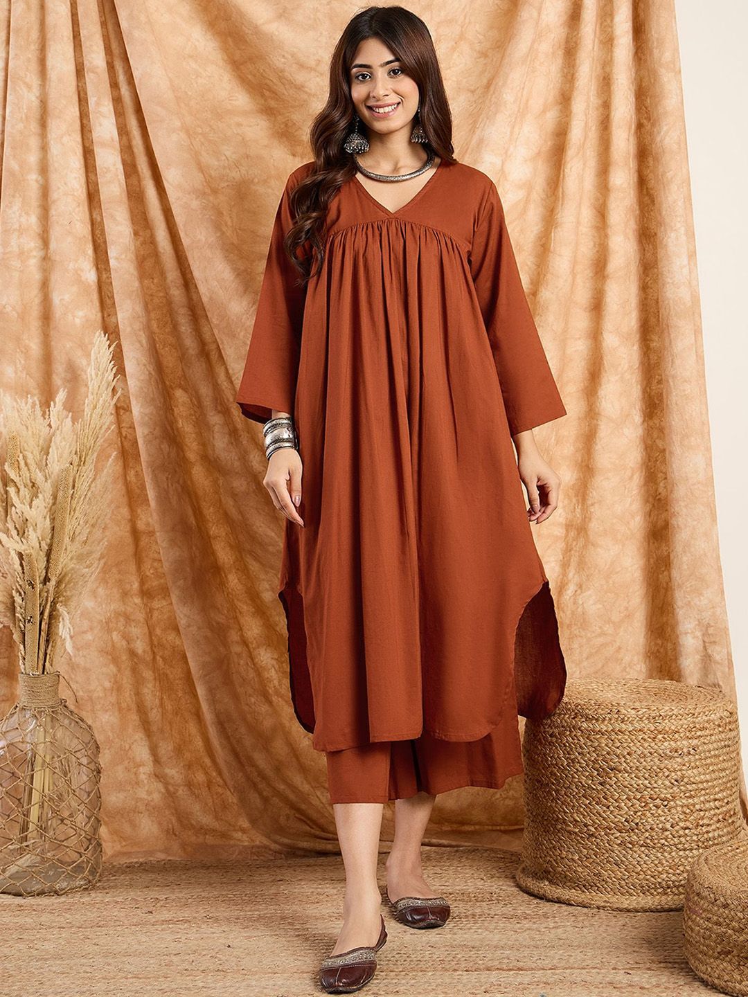 InWeave V-neck Pure Cotton A-Line Kurta with Trousers