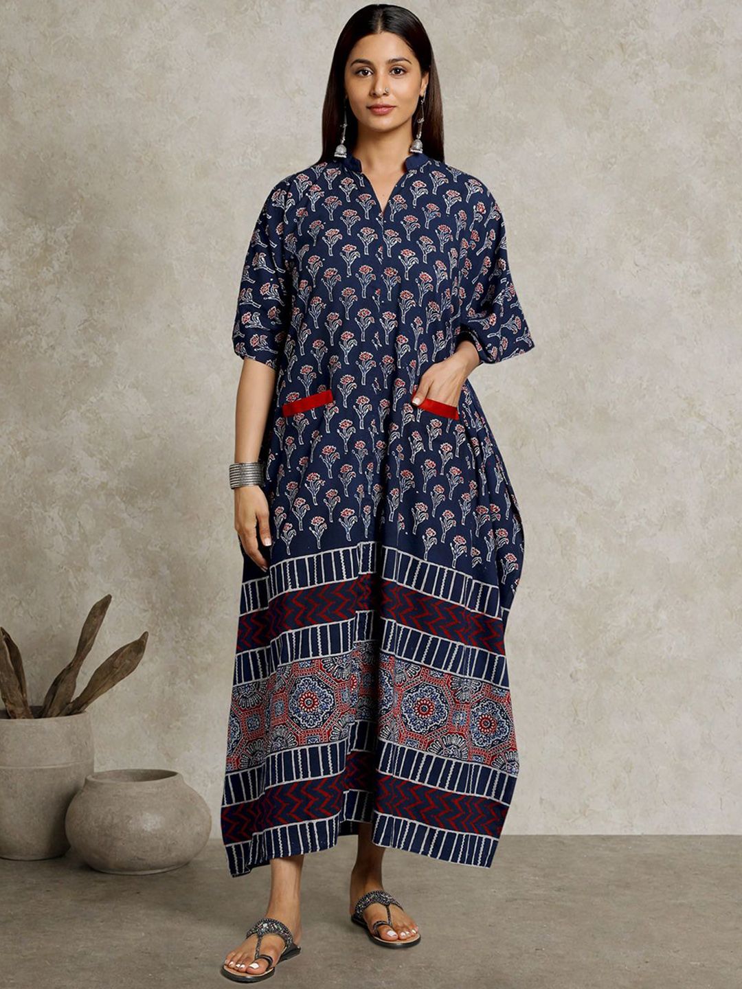 Taavi Ajrakh Printed Cotton Mandarin Collar Kaftan Dress