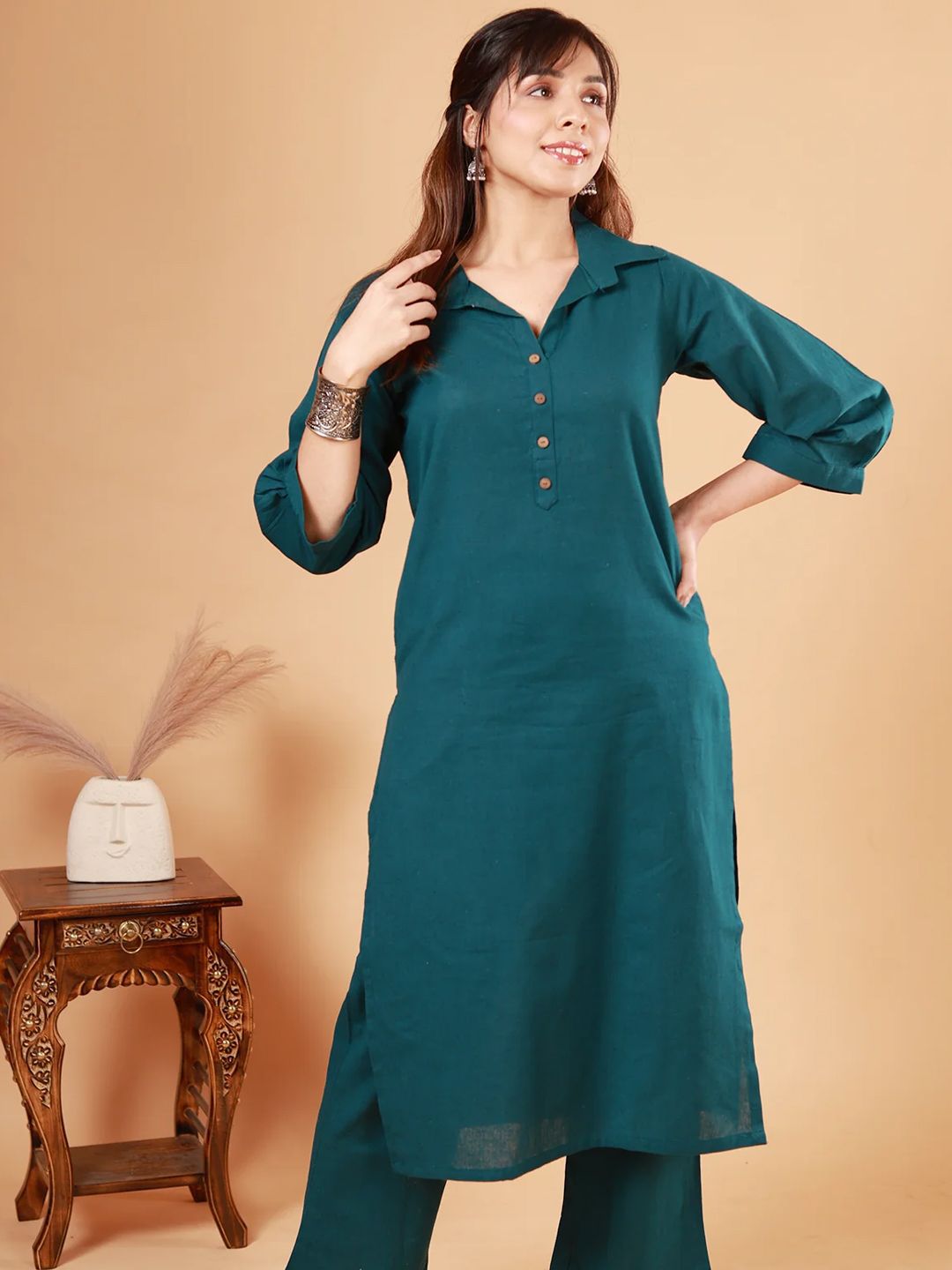 NEED APPARELS Women Regular Pure Cotton Shirt Collar Kurta with Palazzos