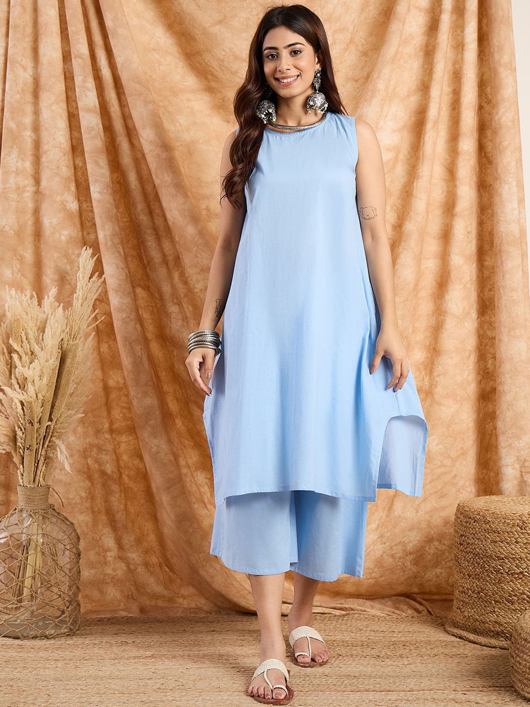InWeave Round Neck Sleeveless Pure Cotton A-Line Kurta with Trousers