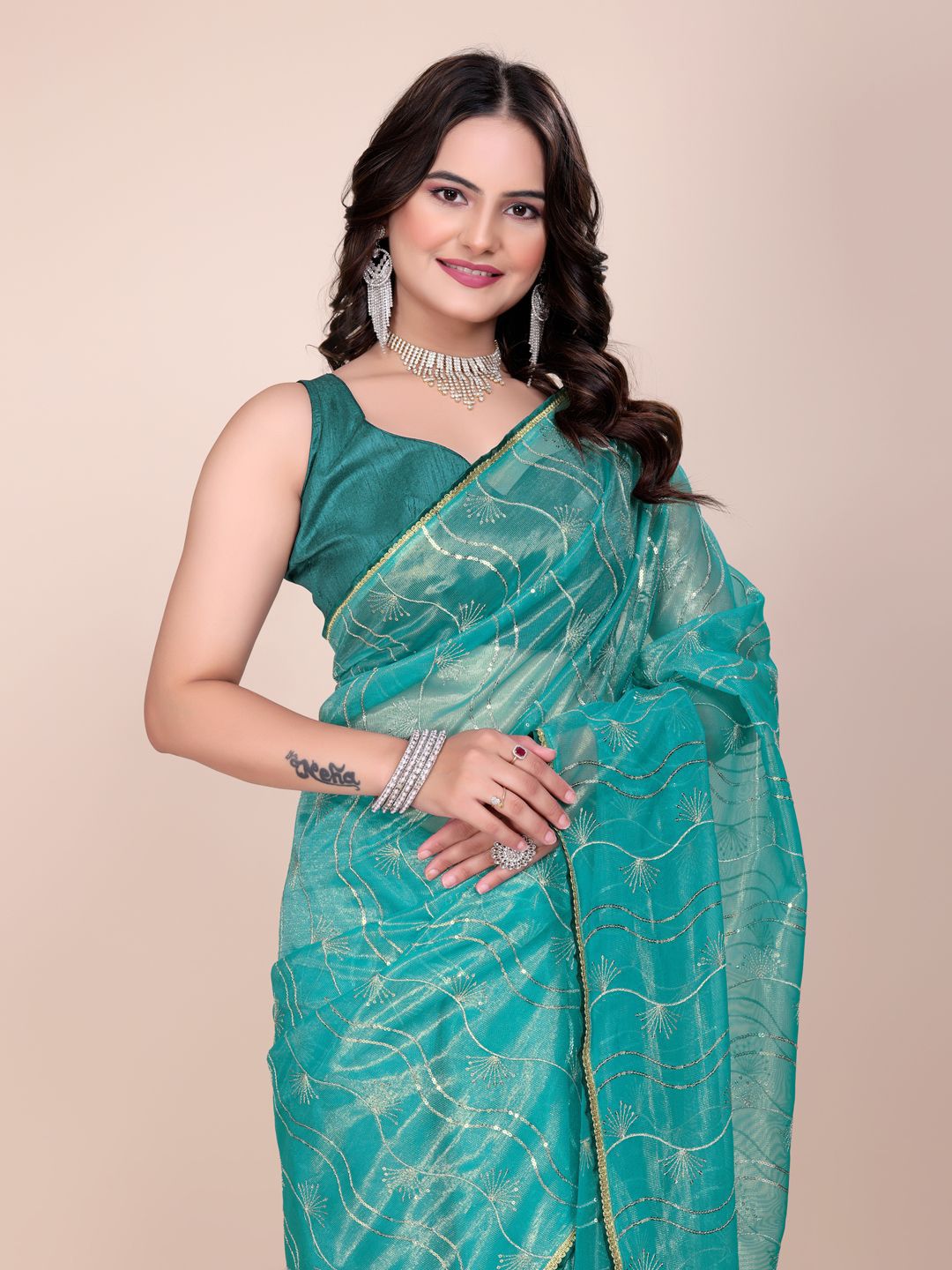 SILKWEAR Ethnic Motifs Sequinned Supernet Saree-picture-15