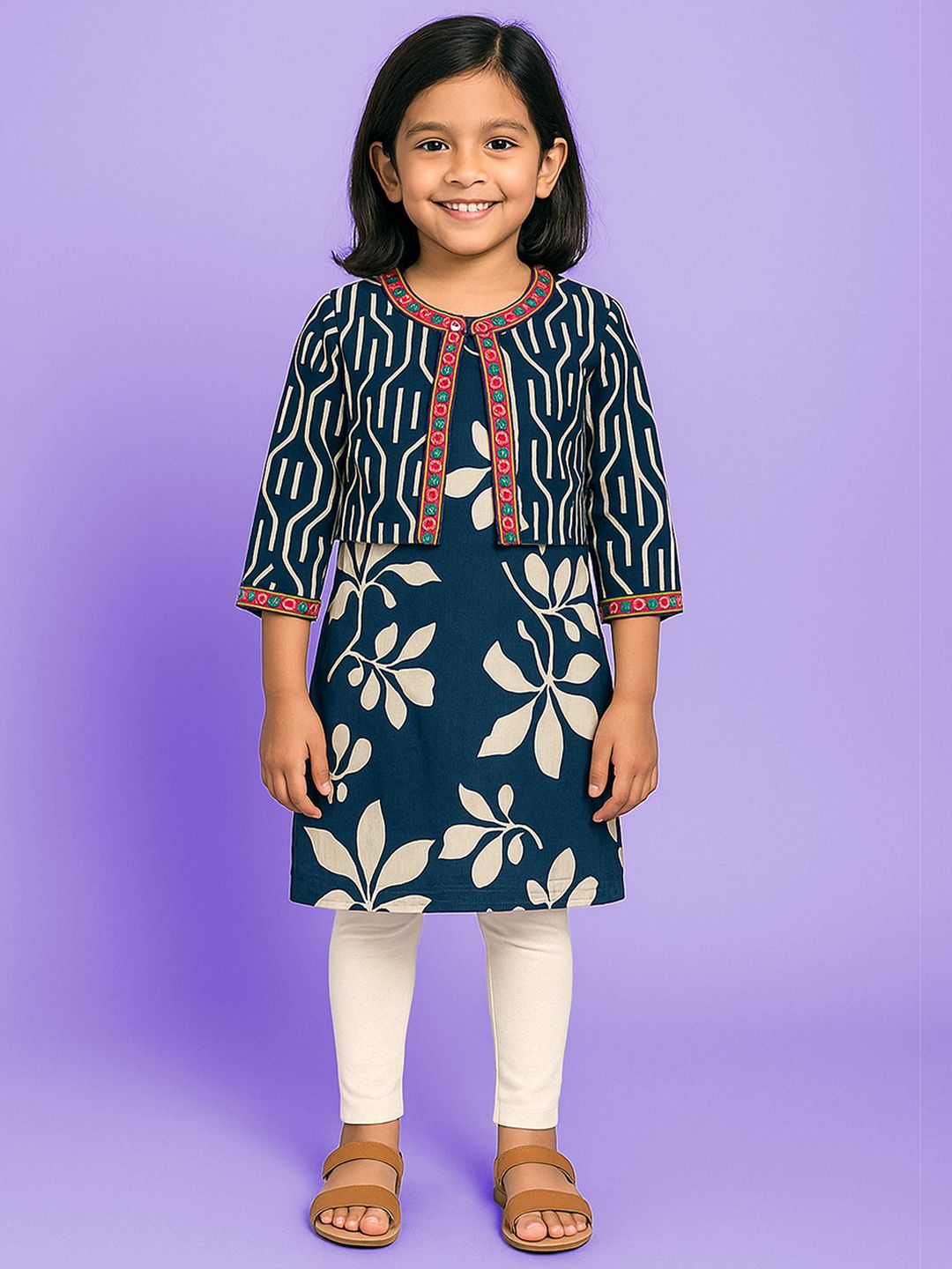 KiddoPanti Girls Floral Printed Regular Mirror Work Pure Cotton Kurta-image-45